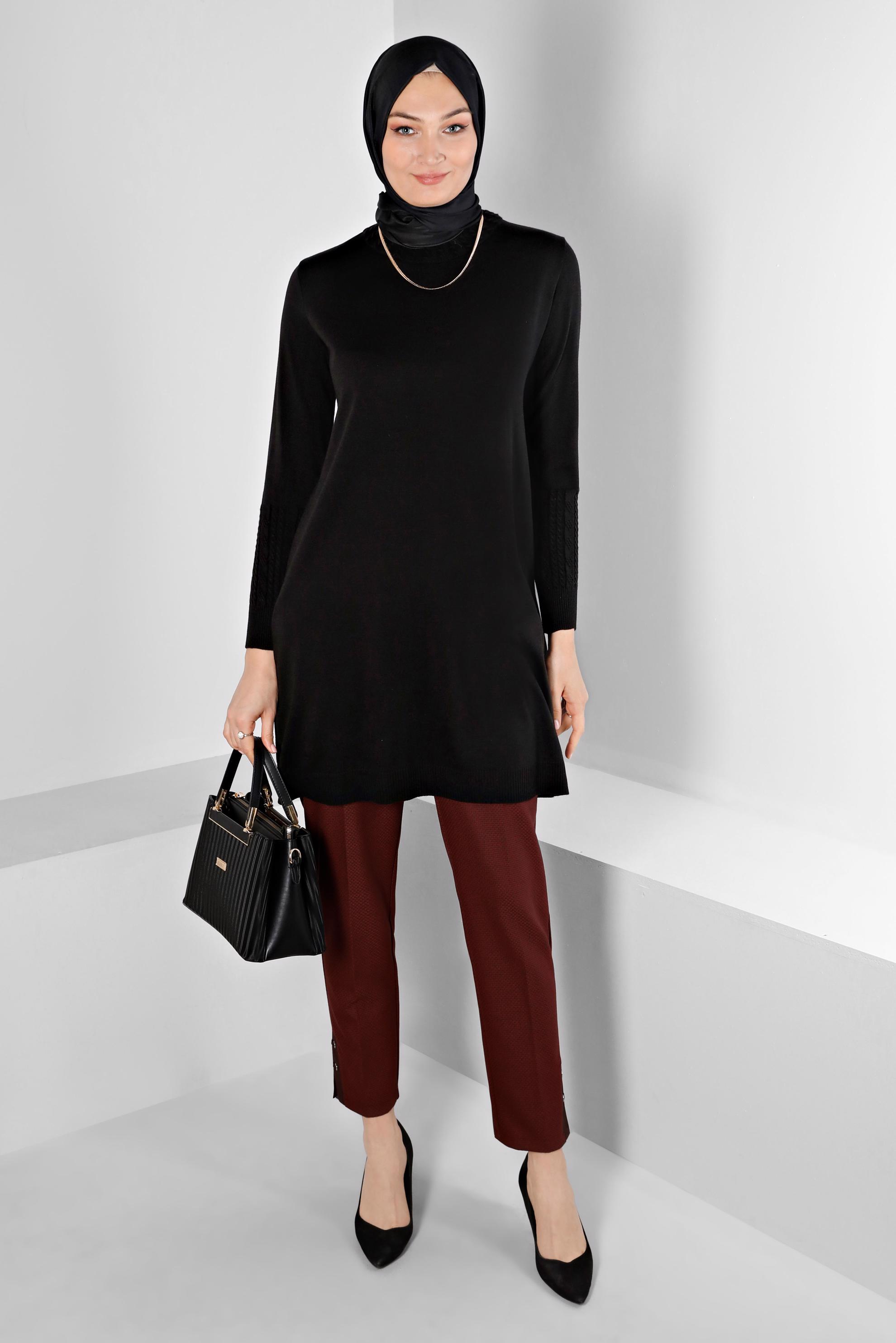 Tesettür giyim SİYAH KOLLARI DESENLİ TRİKO TUNİK 43102 