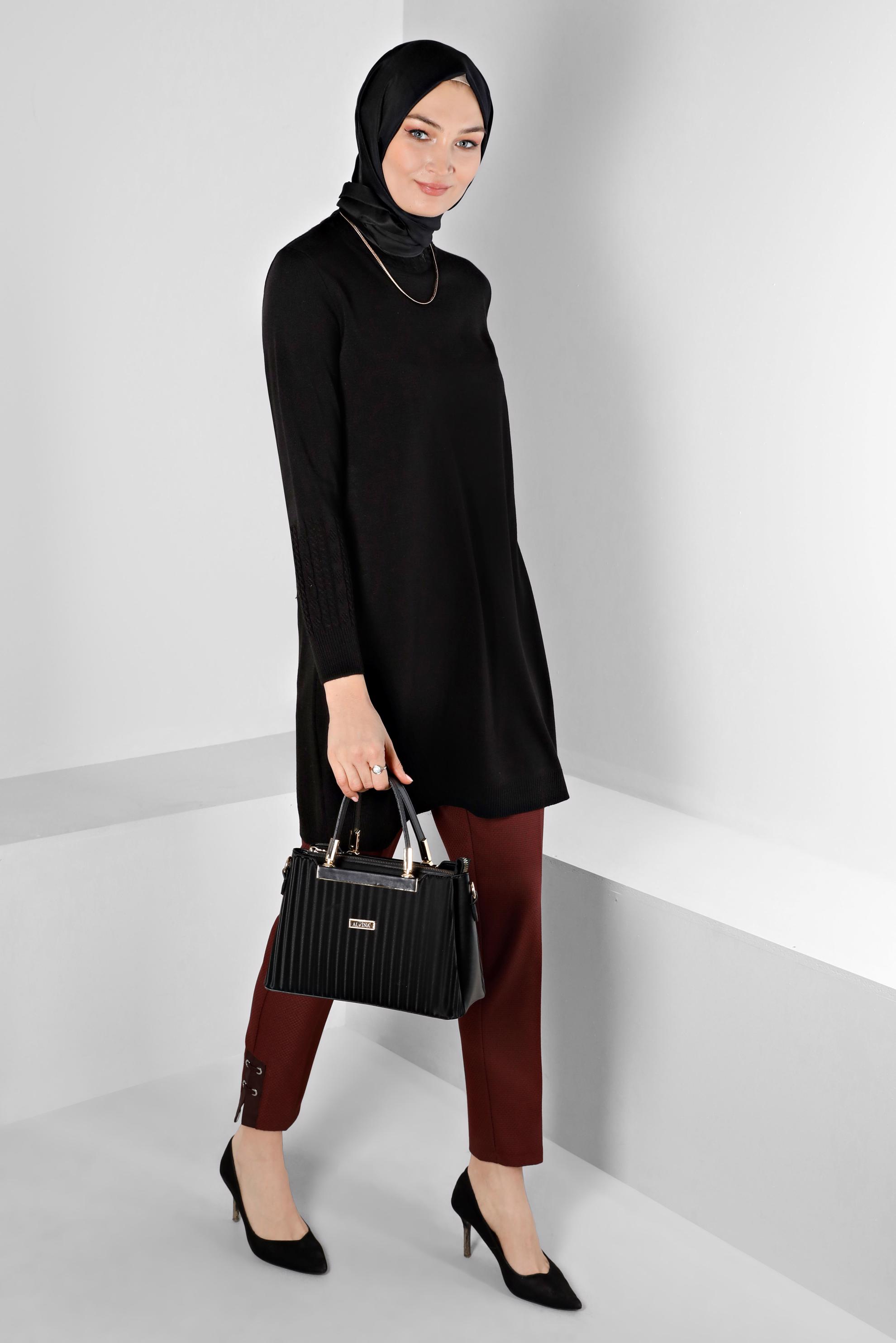 Tesettür giyim SİYAH KOLLARI DESENLİ TRİKO TUNİK 43102 