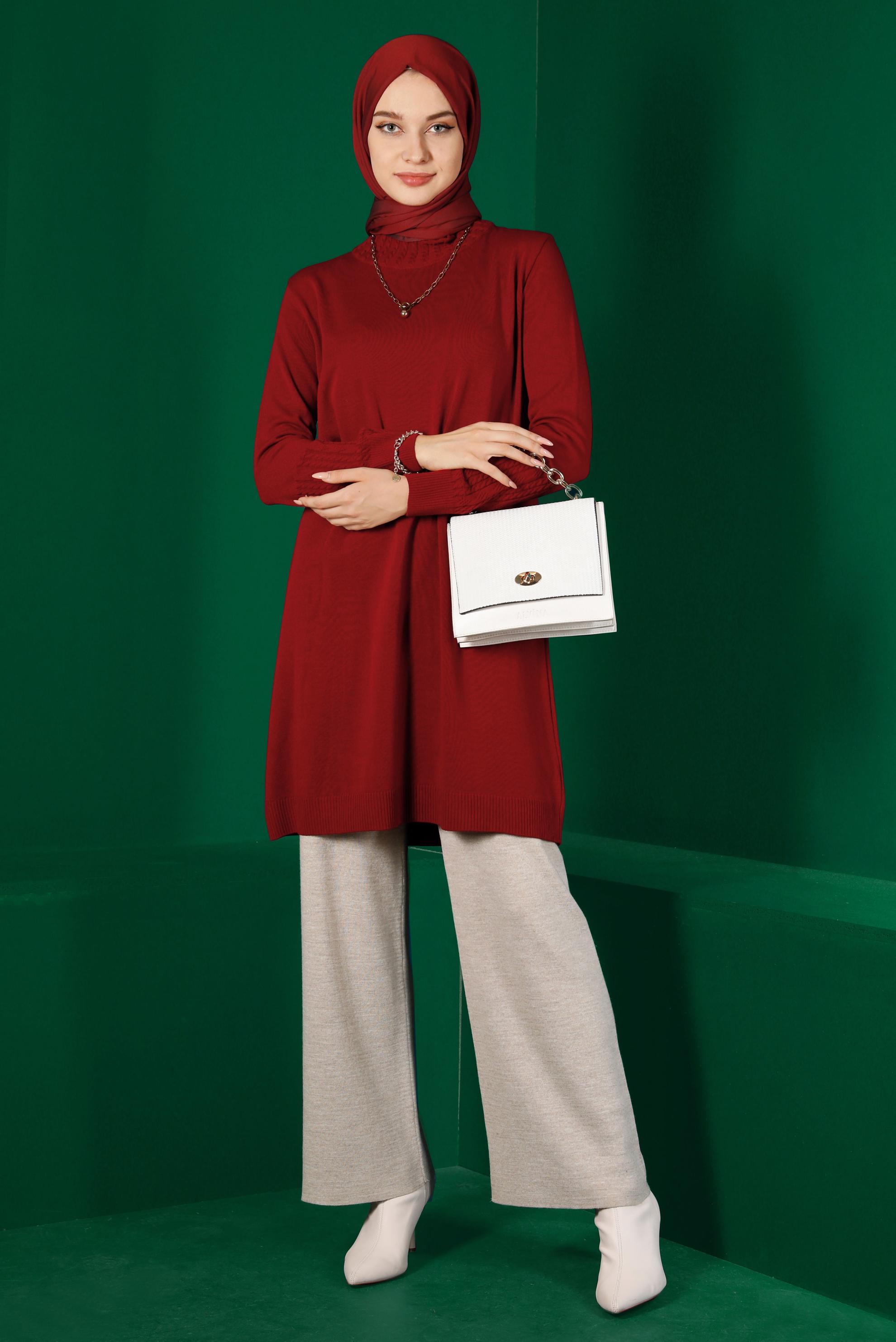 Tesettür giyim KIRMIZI KOLLARI DESENLİ TRİKO TUNİK 43102 