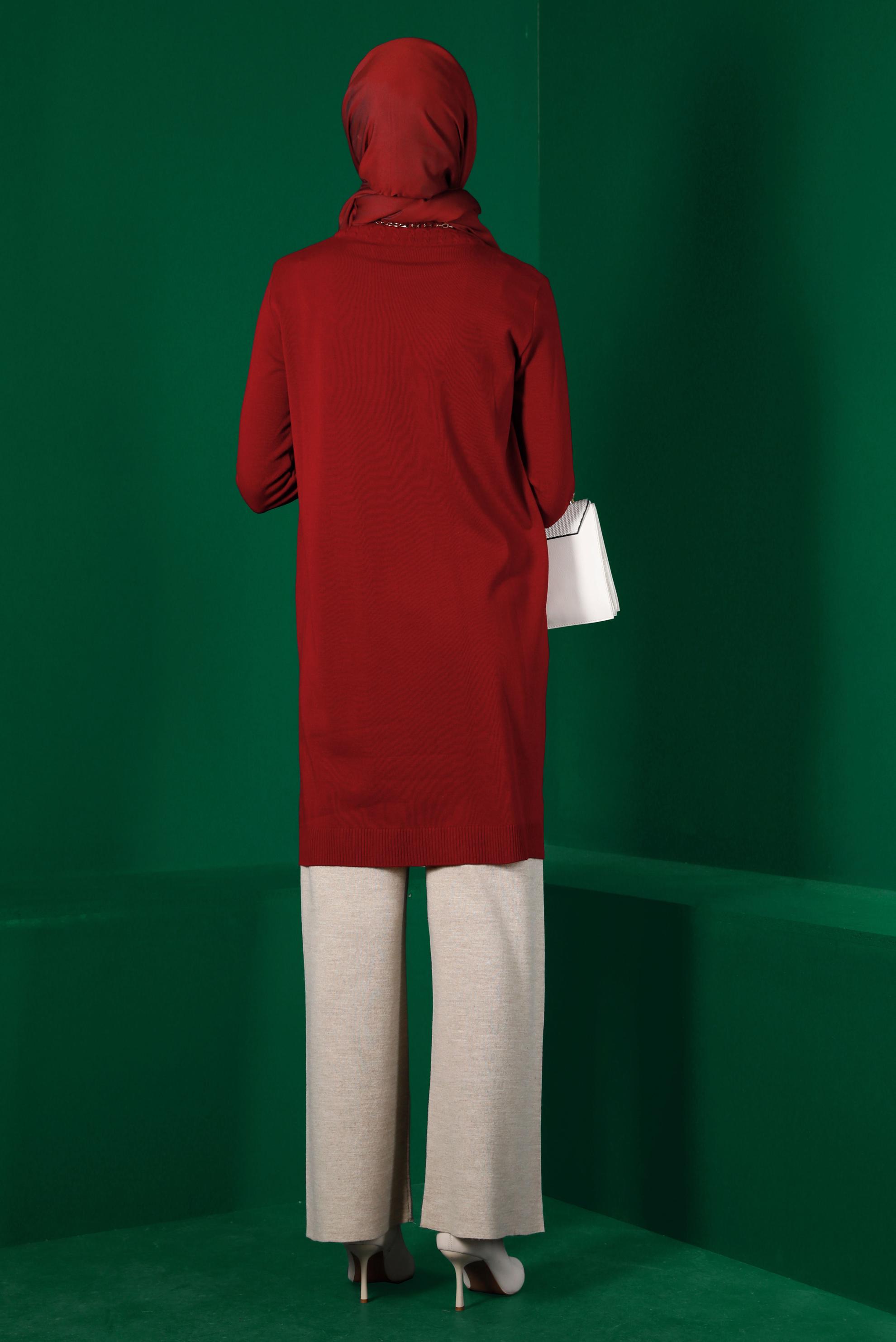 Tesettür giyim KIRMIZI KOLLARI DESENLİ TRİKO TUNİK 43102 