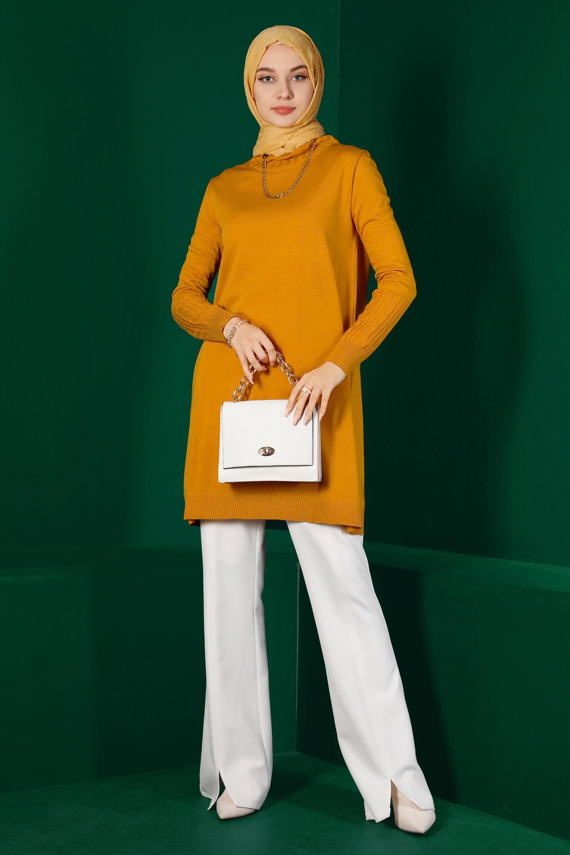 Tesettür giyim SARI KOLLARI DESENLİ TRİKO TUNİK 43102 