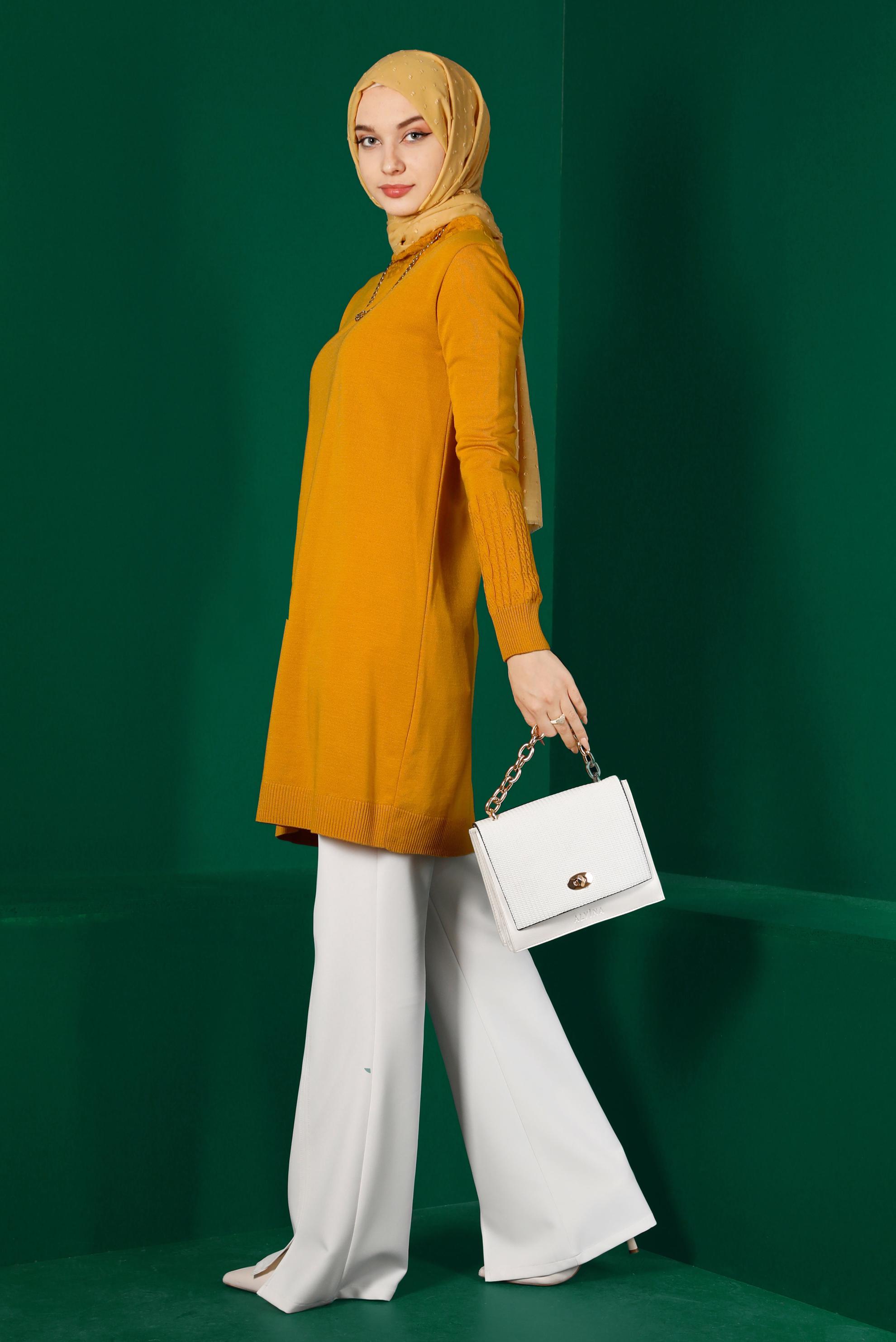 Tesettür giyim SARI KOLLARI DESENLİ TRİKO TUNİK 43102 