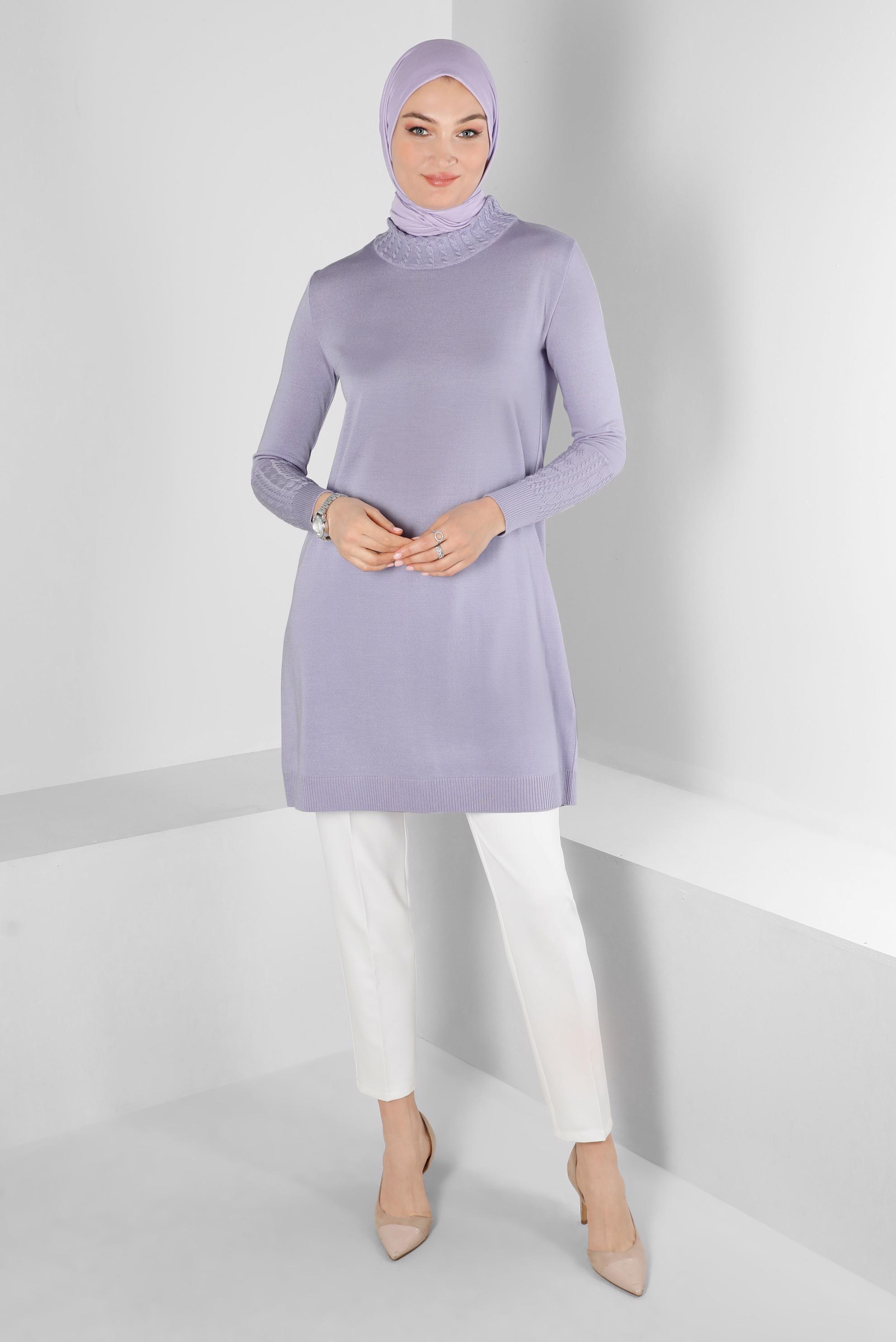 Tesettür giyim MOR KOLLARI DESENLİ TRİKO TUNİK 43102 