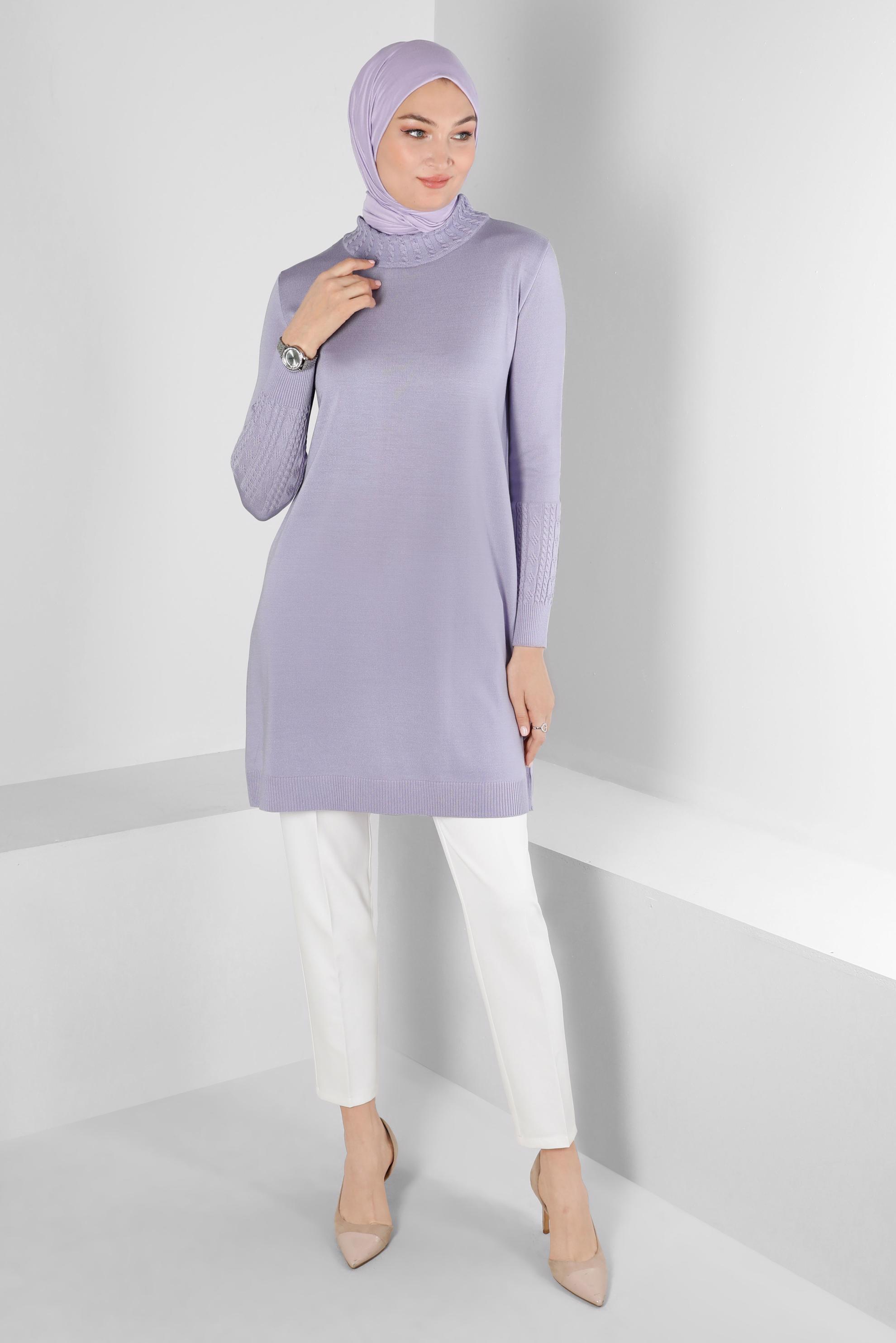 Tesettür giyim MOR KOLLARI DESENLİ TRİKO TUNİK 43102 