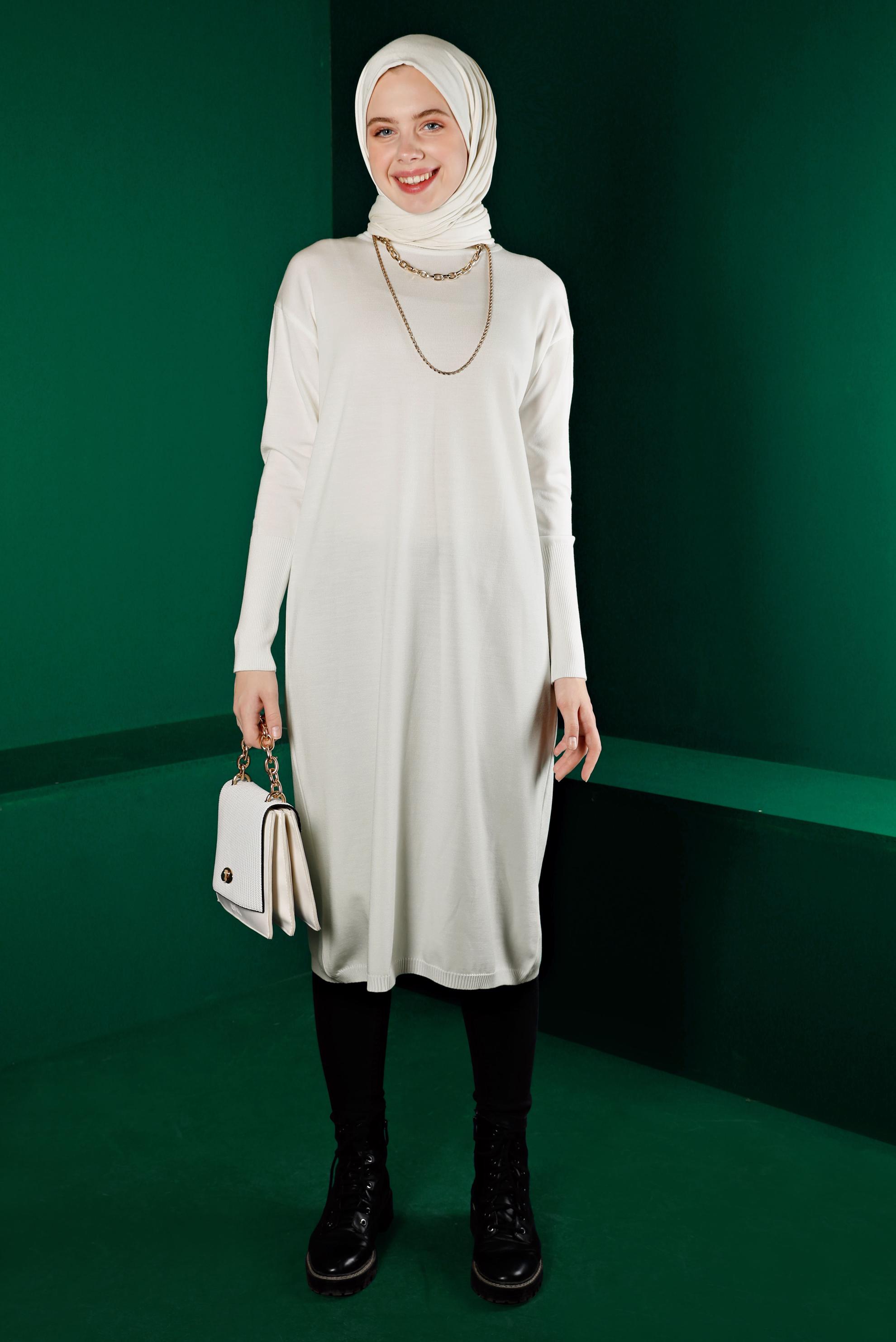 Tesettür giyim BEYAZ BASIC UZUN TRİKO TUNİK 43103