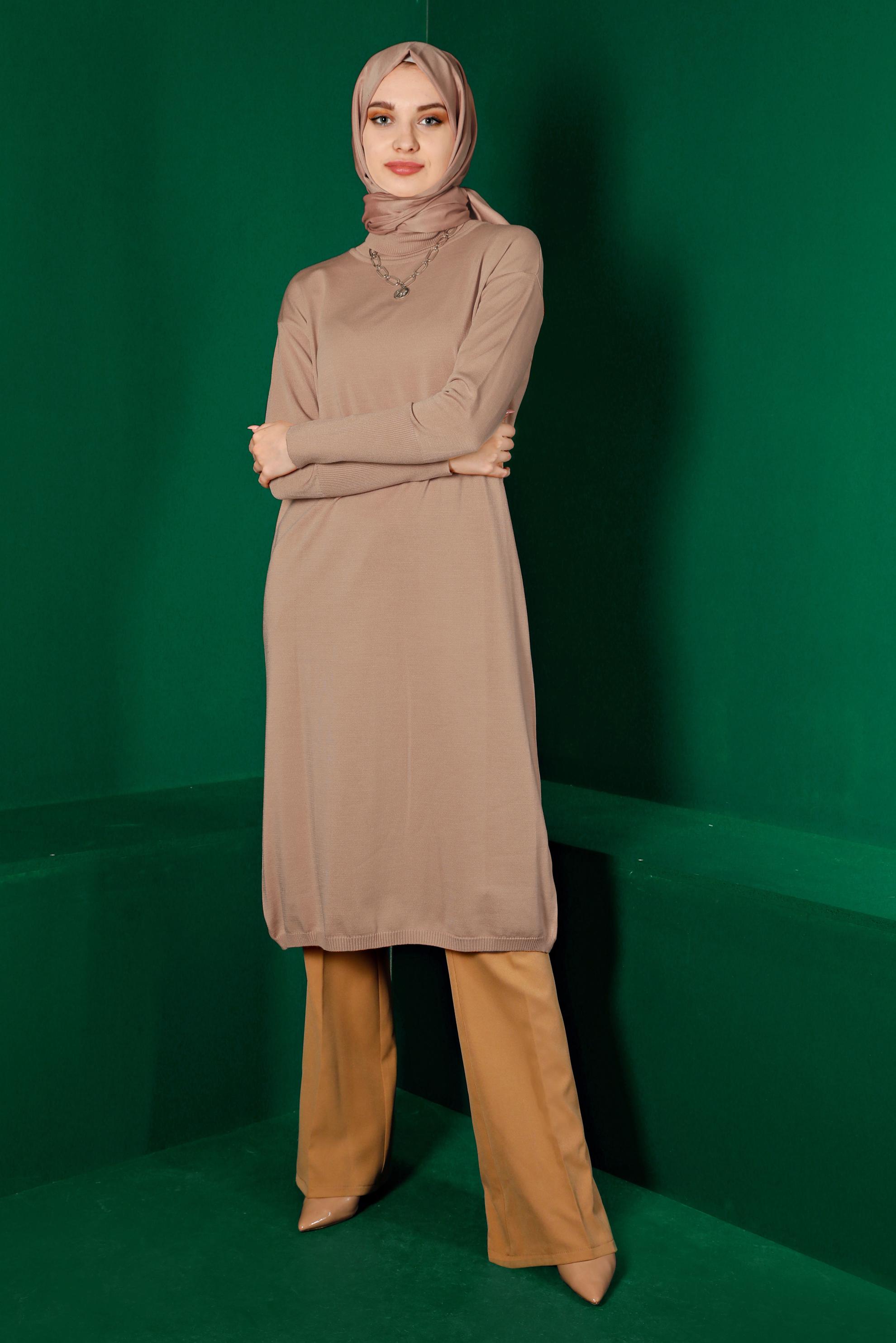 Tesettür giyim BEJ BASIC UZUN TRİKO TUNİK 43103