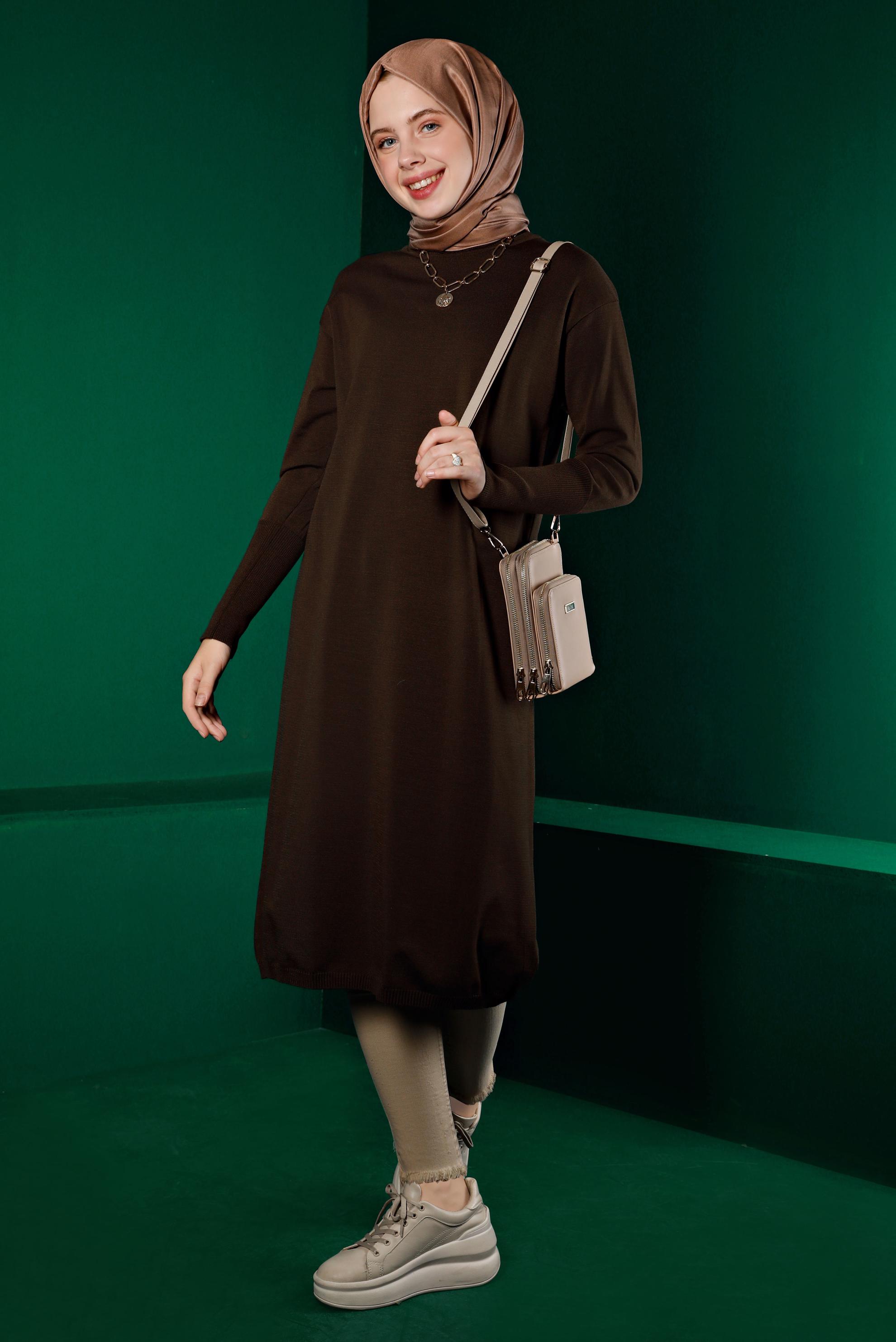 Tesettür giyim KAHVE BASIC UZUN TRİKO TUNİK 43103