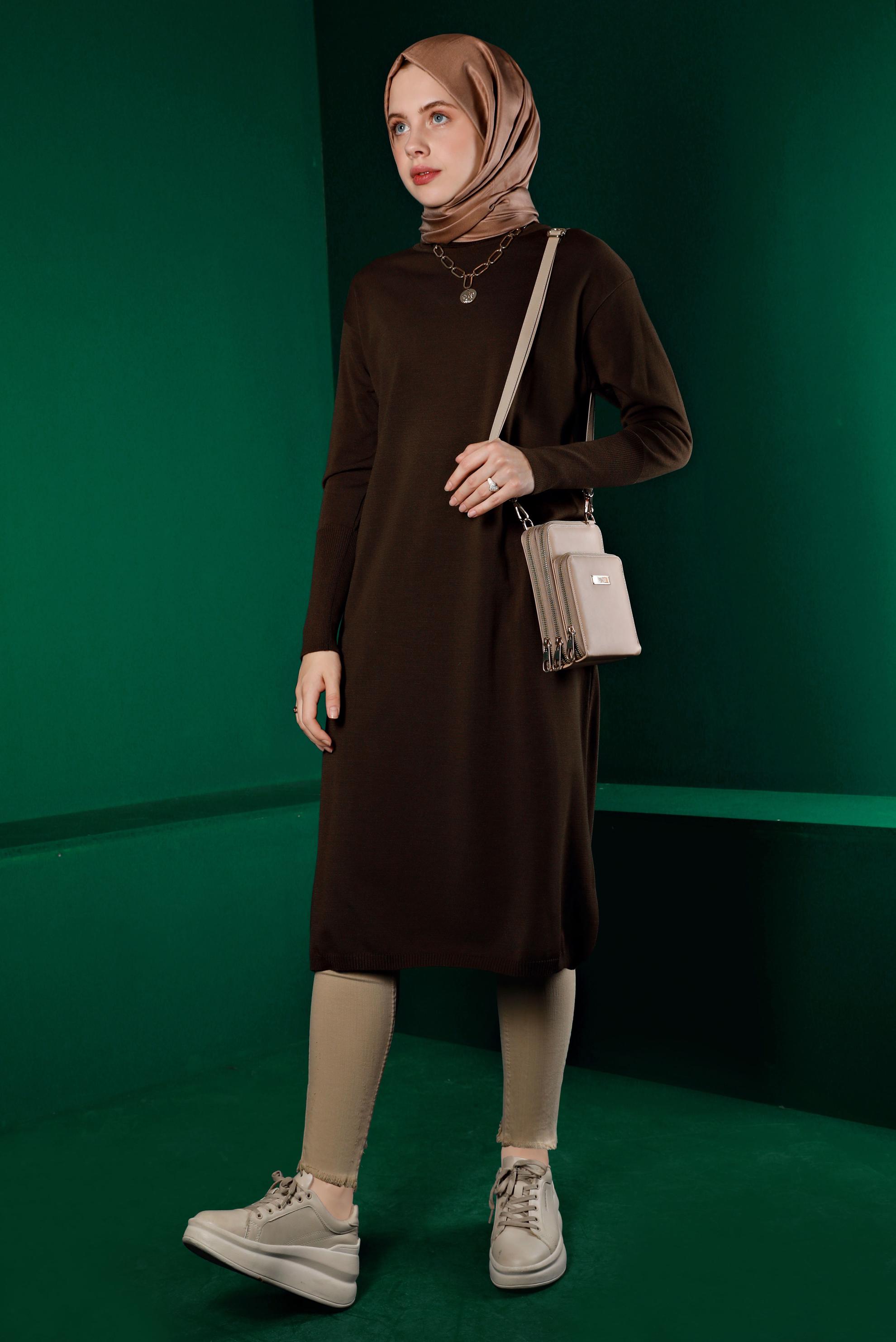 Tesettür giyim KAHVE BASIC UZUN TRİKO TUNİK 43103