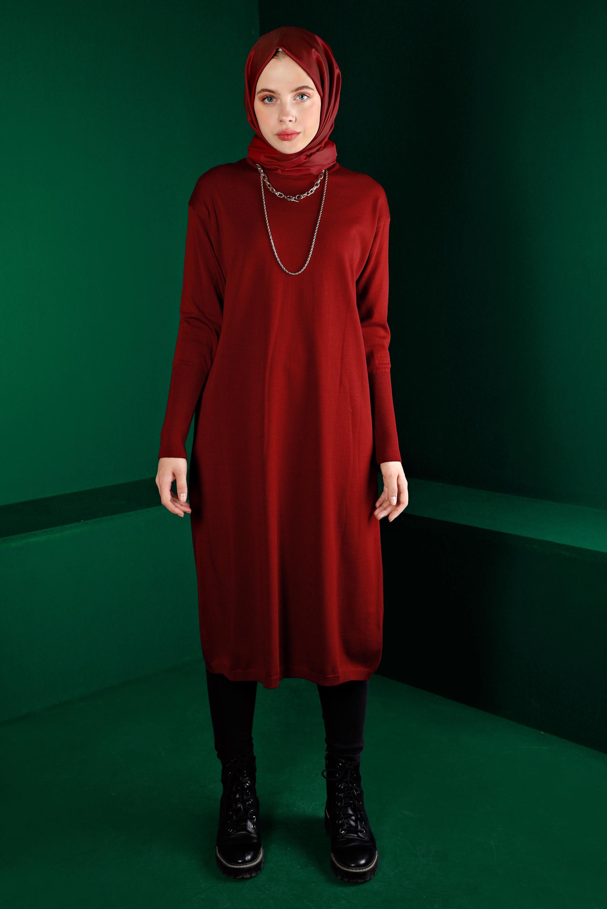 Tesettür giyim KIRMIZI BASIC UZUN TRİKO TUNİK 43103