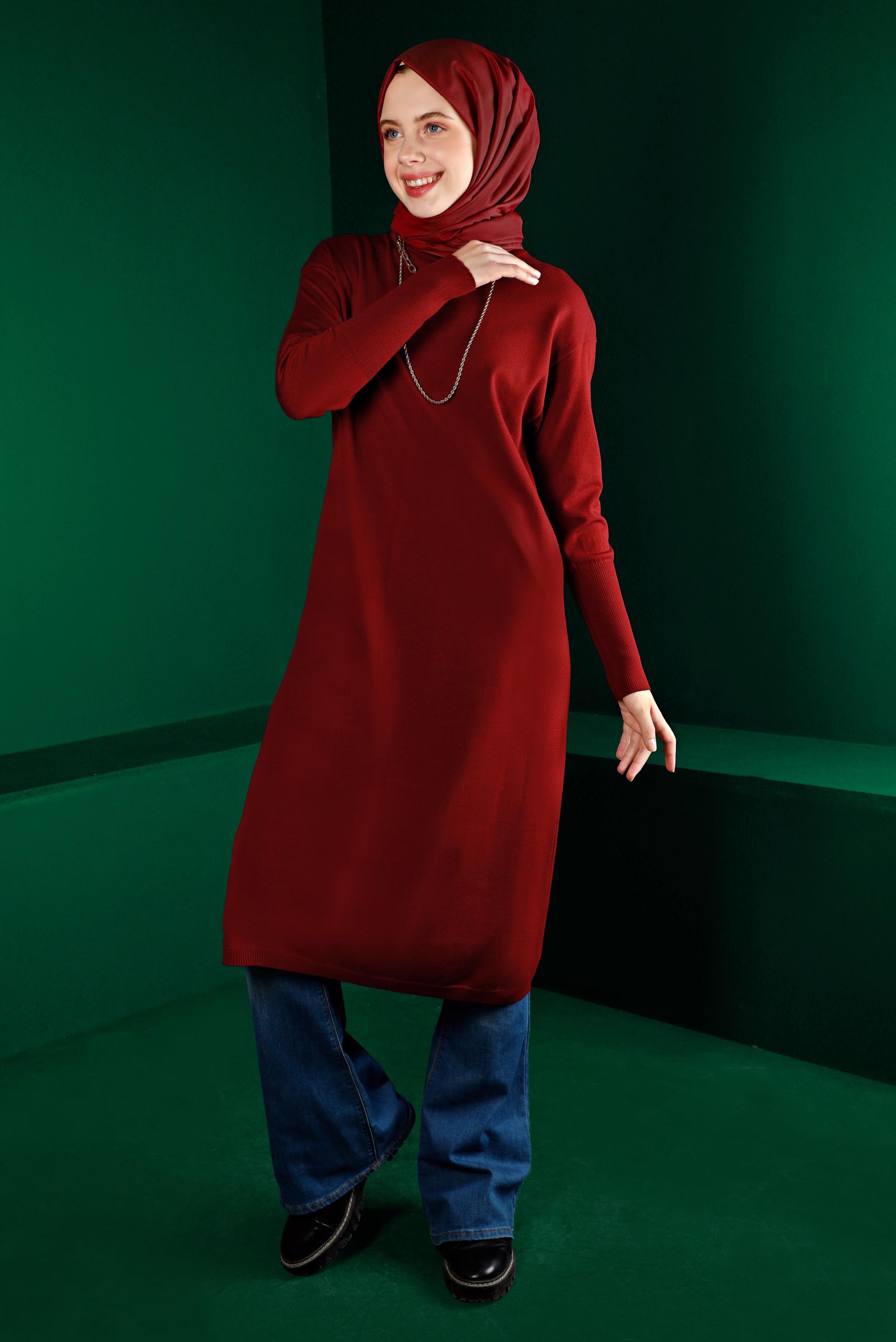 Tesettür giyim KIRMIZI BASIC UZUN TRİKO TUNİK 43103