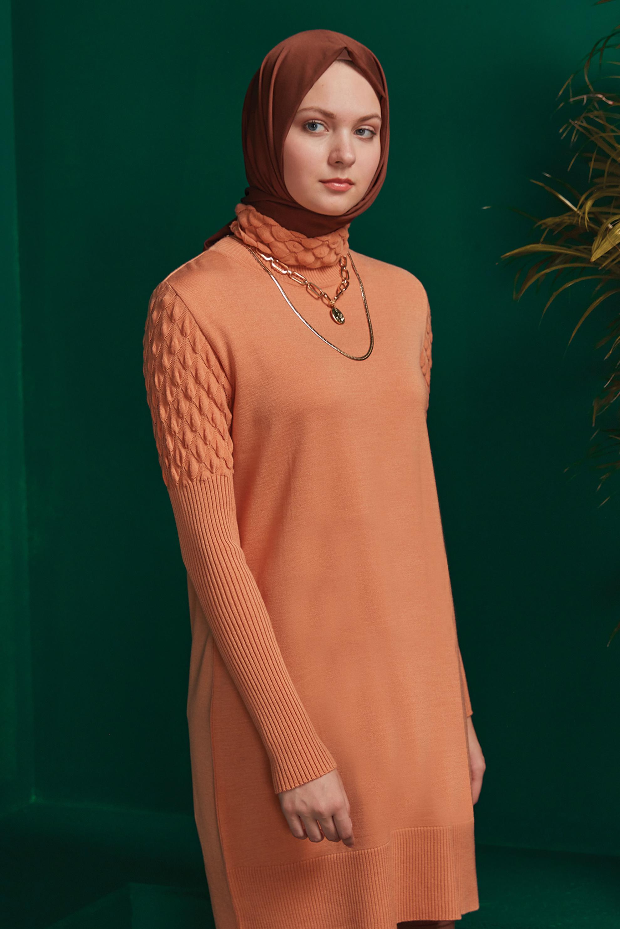 Tesettür giyim TURUNCU BOĞAZLI TRİKO TUNİK 43106	