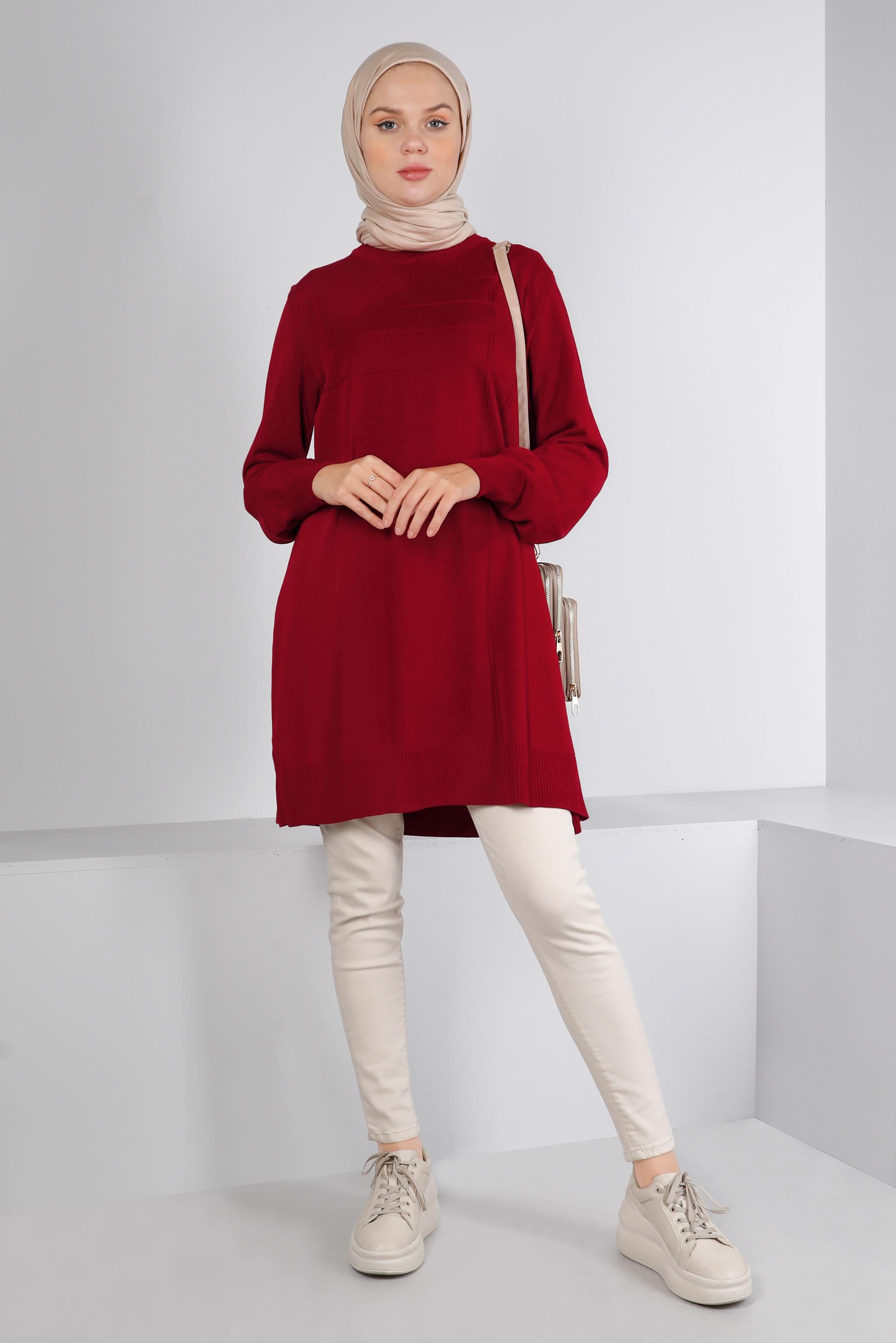 Tesettür giyim KIRMIZI BALIKÇI YAKA TRİKO TUNİK 43107