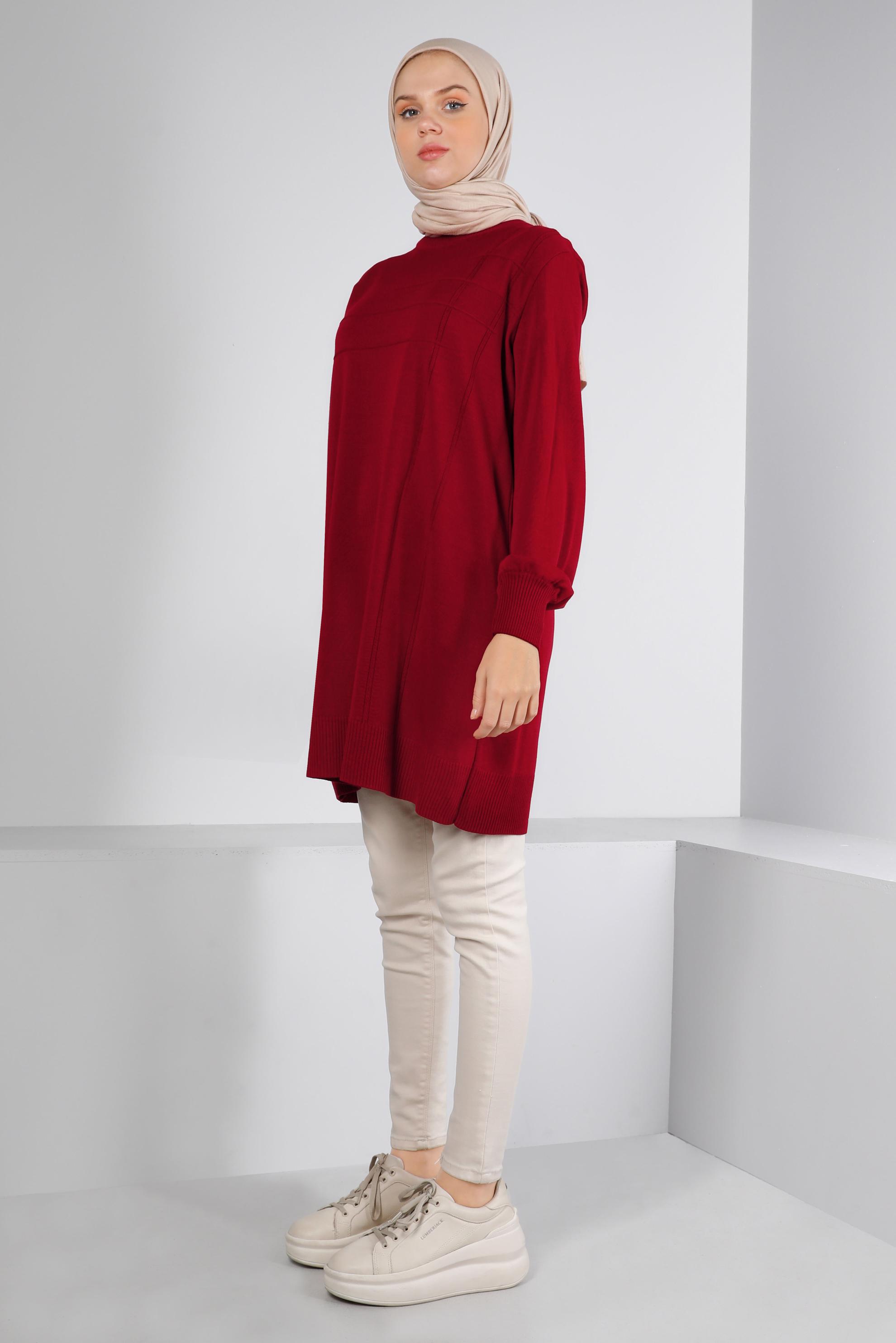 Tesettür giyim KIRMIZI BALIKÇI YAKA TRİKO TUNİK 43107
