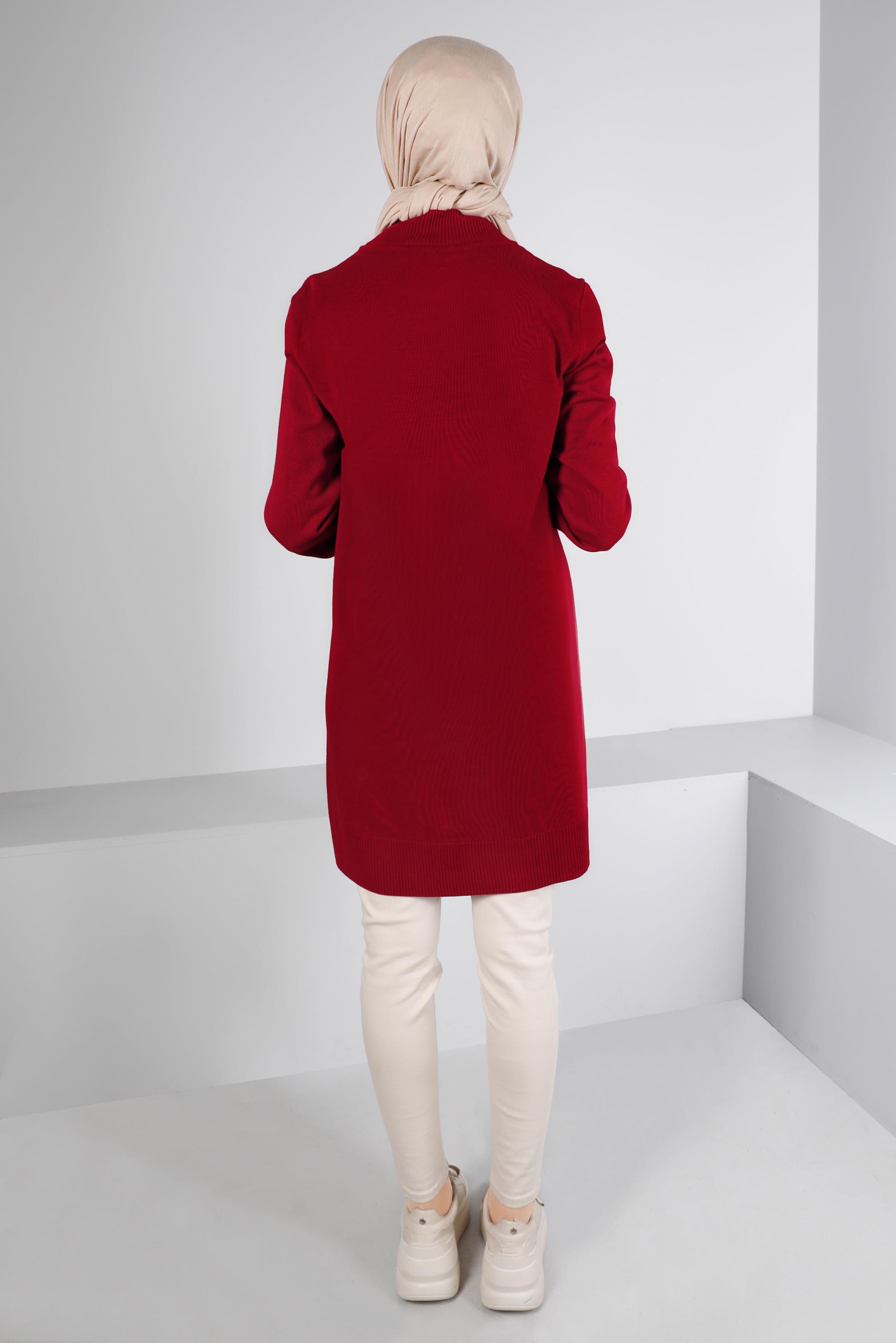 Tesettür giyim KIRMIZI BALIKÇI YAKA TRİKO TUNİK 43107