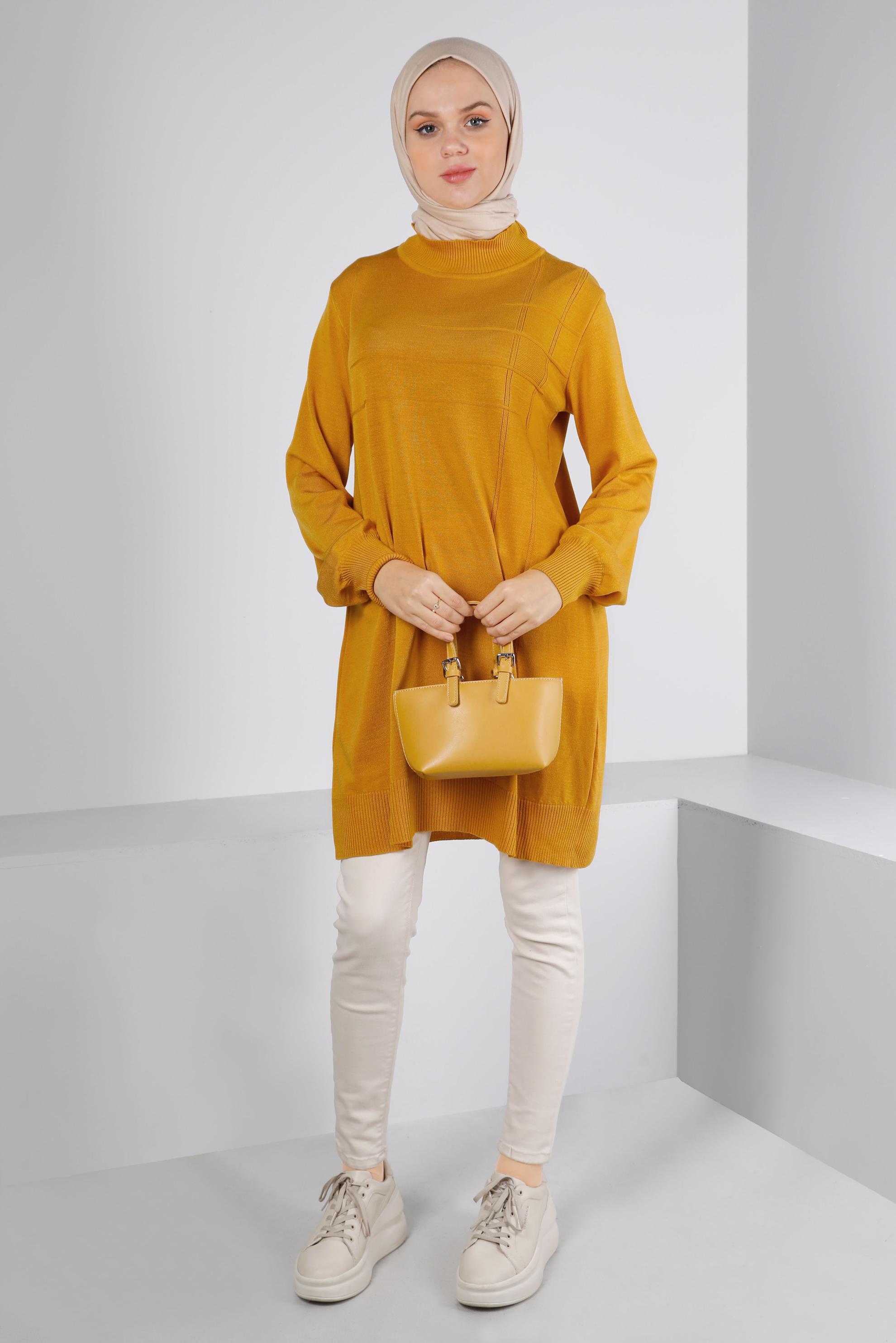 Tesettür giyim SARI BALIKÇI YAKA TRİKO TUNİK 43107