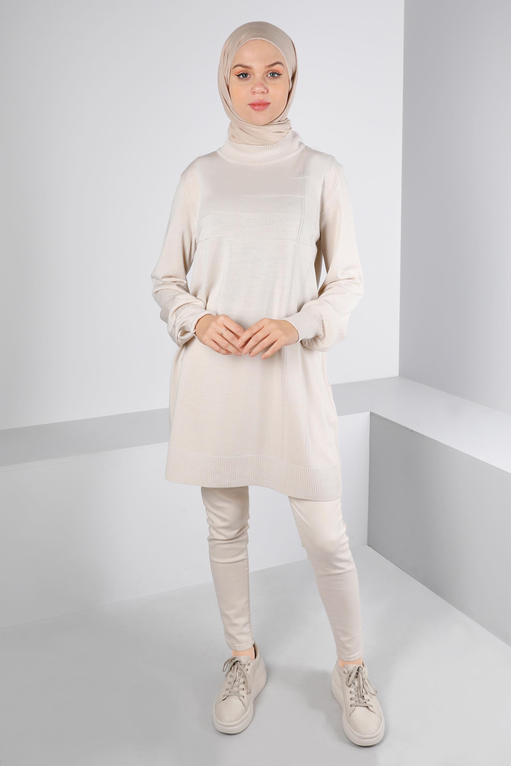 Tesettür giyim BEJ BALIKÇI YAKA TRİKO TUNİK 43107