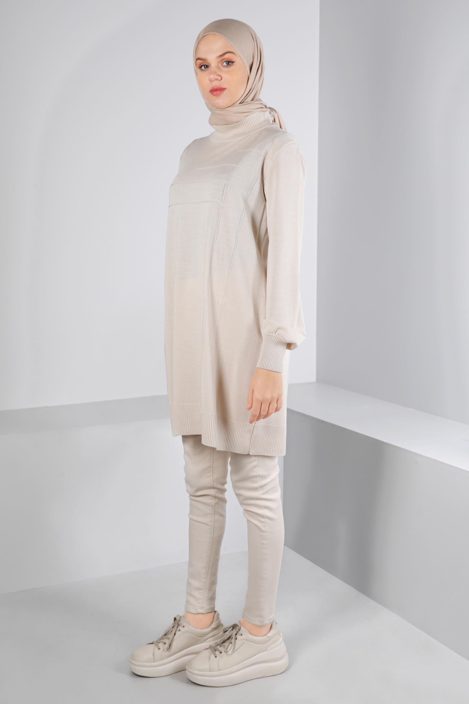 Tesettür giyim BEJ BALIKÇI YAKA TRİKO TUNİK 43107