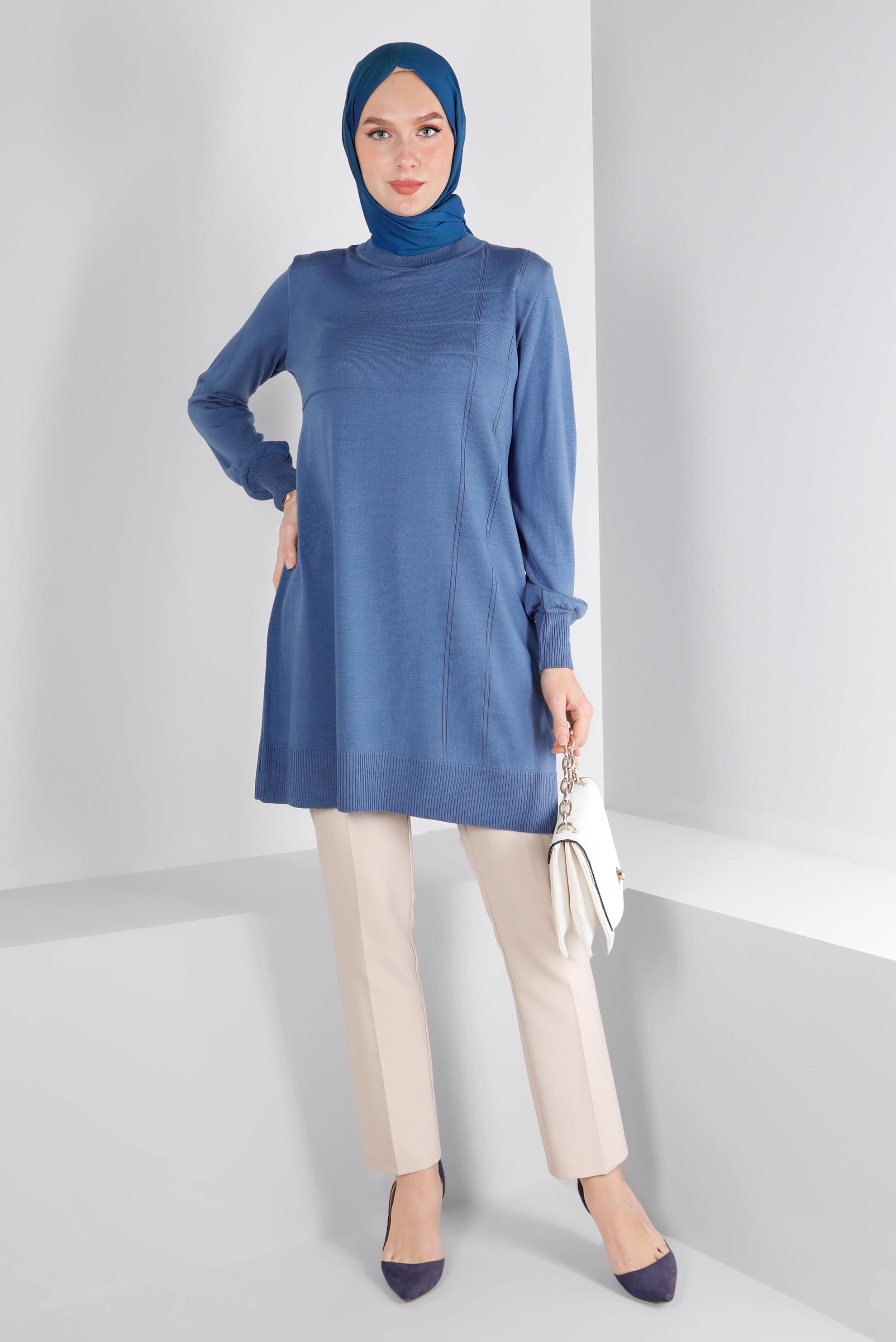 Tesettür giyim MAVİ BALIKÇI YAKA TRİKO TUNİK 43107