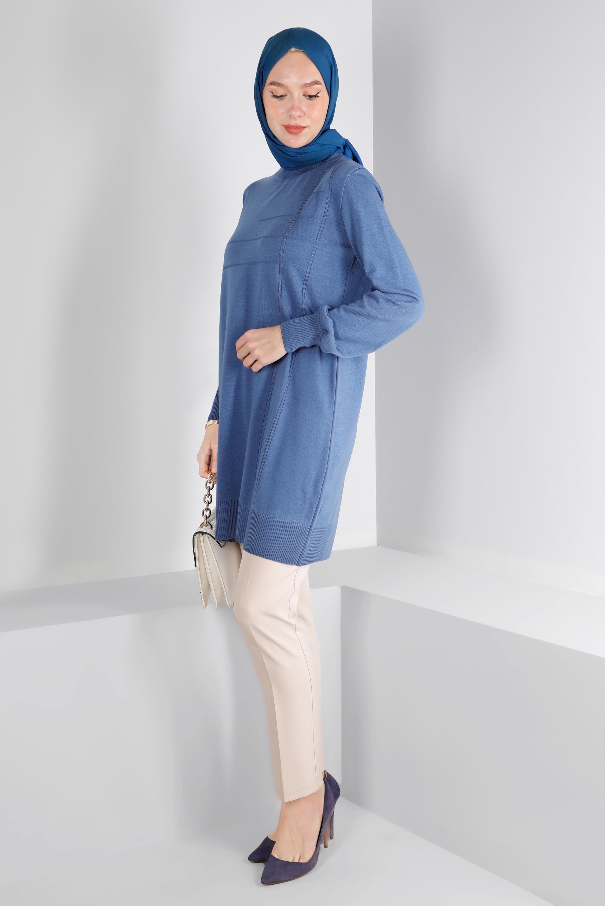 Tesettür giyim MAVİ BALIKÇI YAKA TRİKO TUNİK 43107