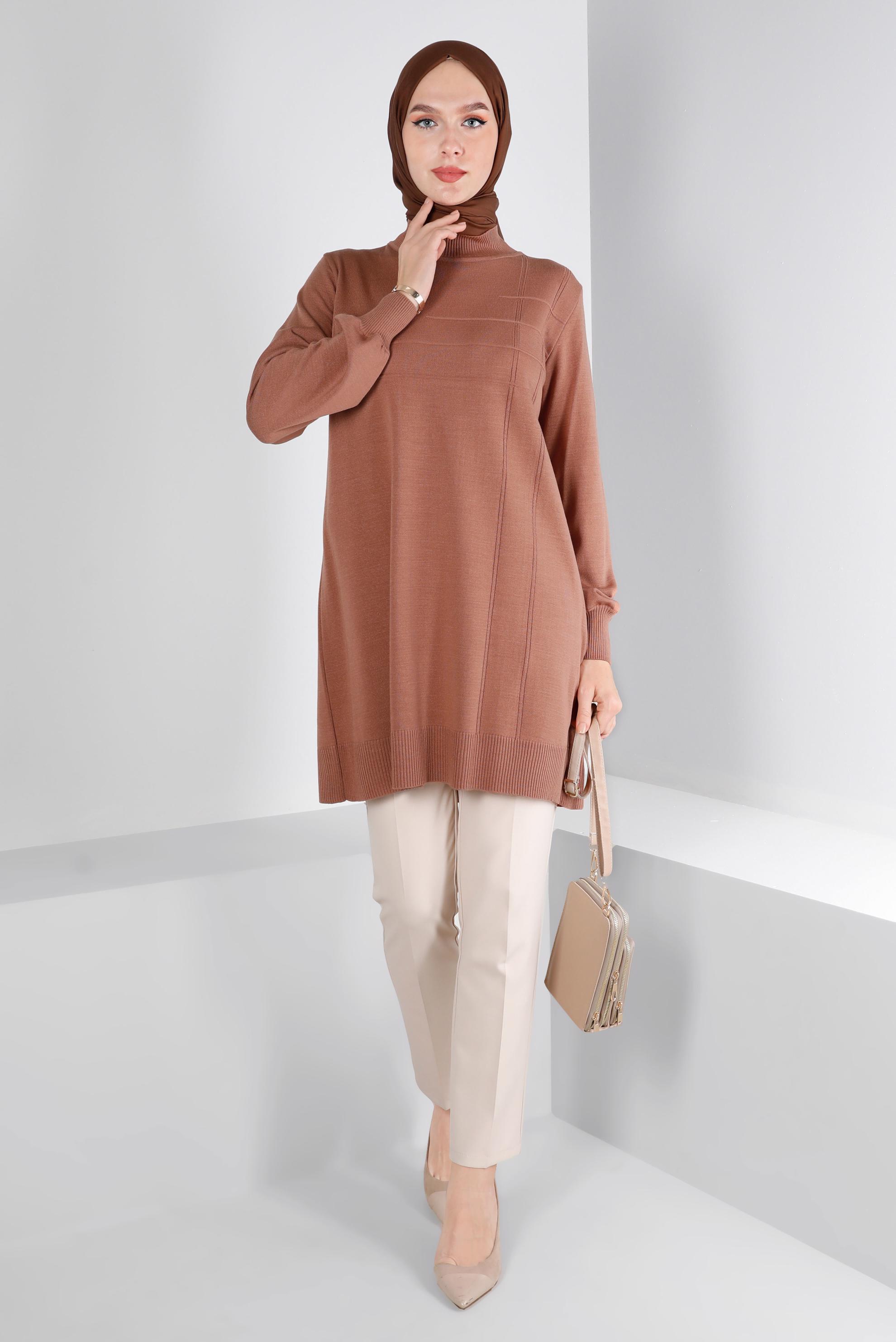 Tesettür giyim KAHVE BALIKÇI YAKA TRİKO TUNİK 43107