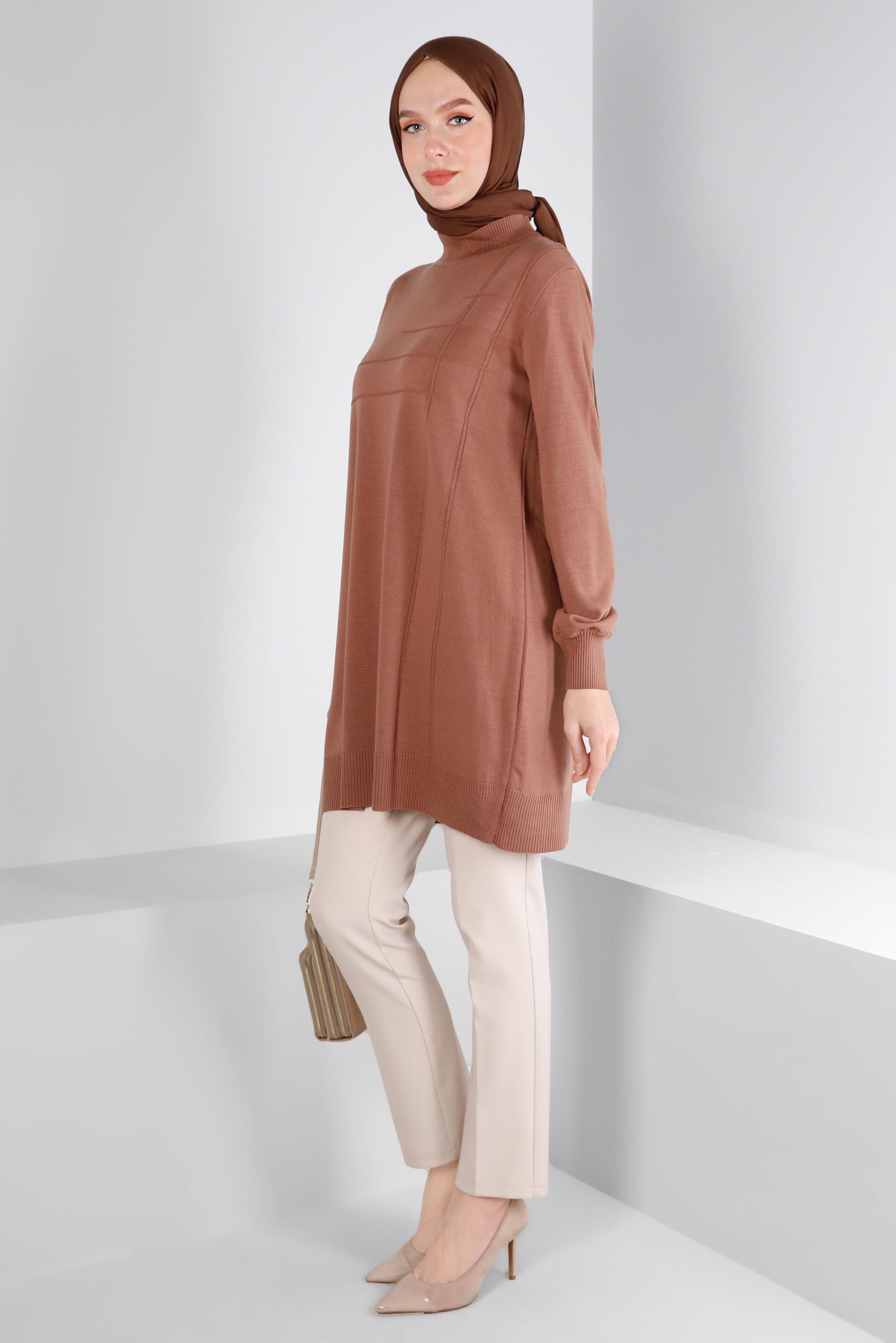 Tesettür giyim KAHVE BALIKÇI YAKA TRİKO TUNİK 43107