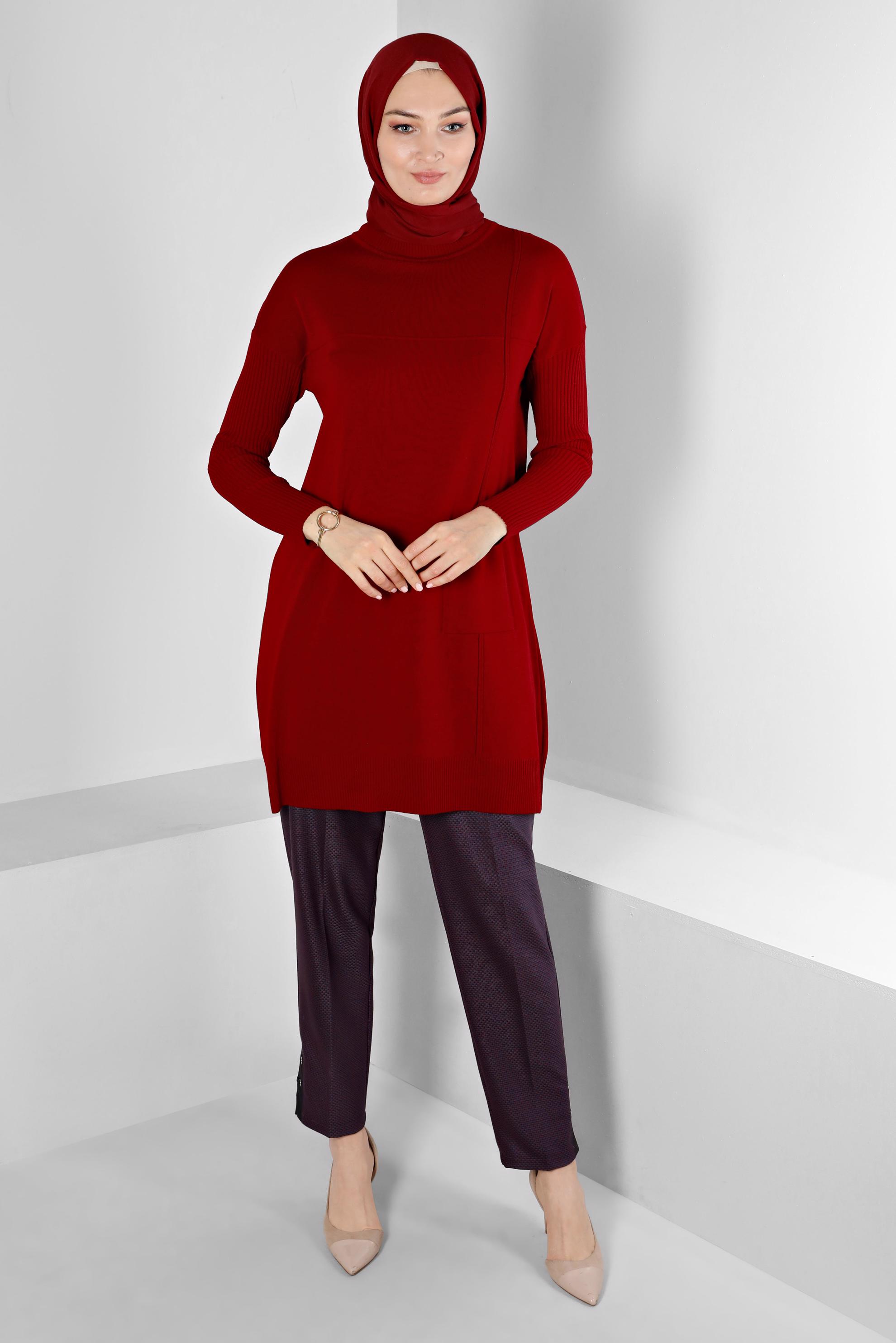 Tesettür giyim KIRMIZI KOLLARI FİTİLLİ CEPLİ TRİKO TUNİK 43108