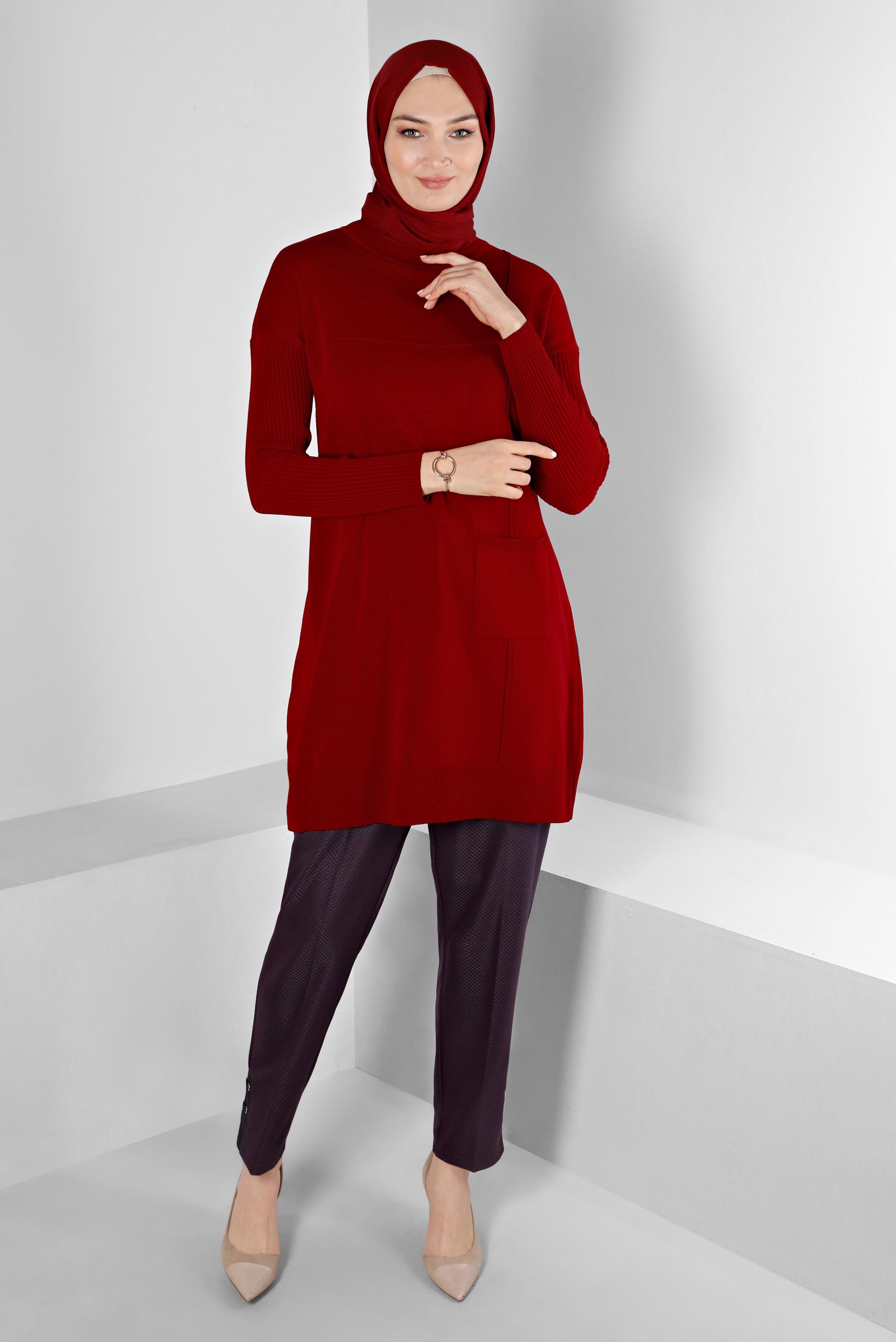 Tesettür giyim KIRMIZI KOLLARI FİTİLLİ CEPLİ TRİKO TUNİK 43108