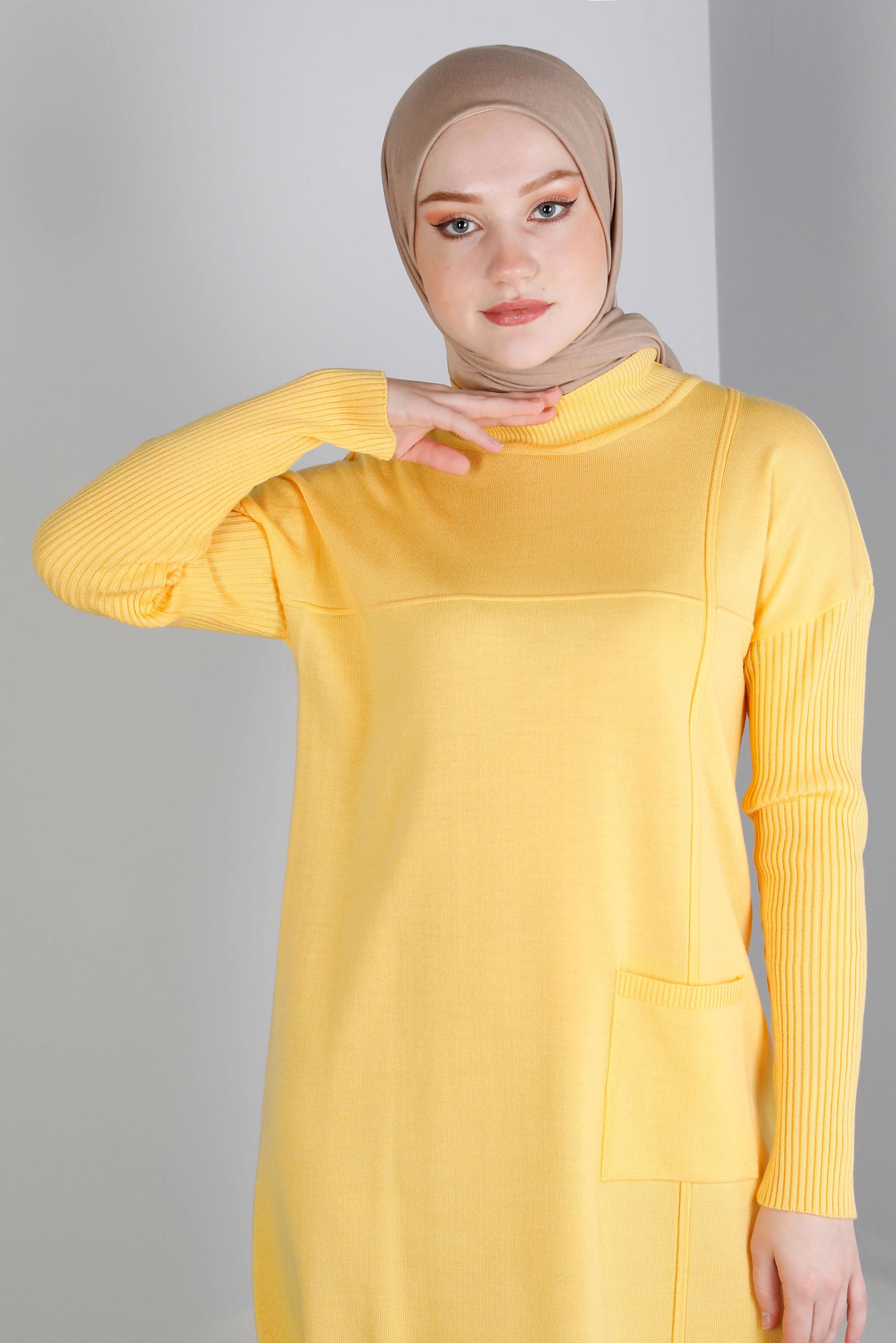 Tesettür giyim SARI KOLLARI FİTİLLİ CEPLİ TRİKO TUNİK 43108