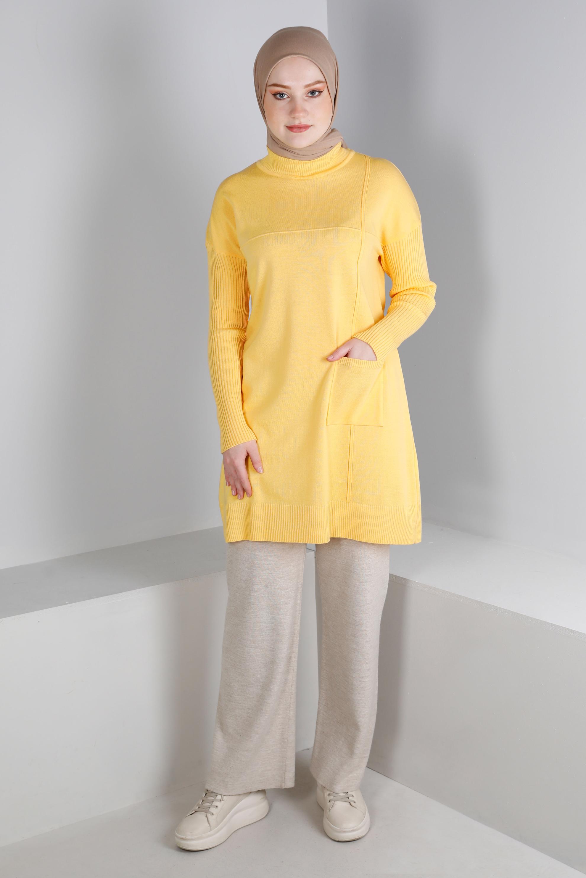 Tesettür giyim SARI KOLLARI FİTİLLİ CEPLİ TRİKO TUNİK 43108