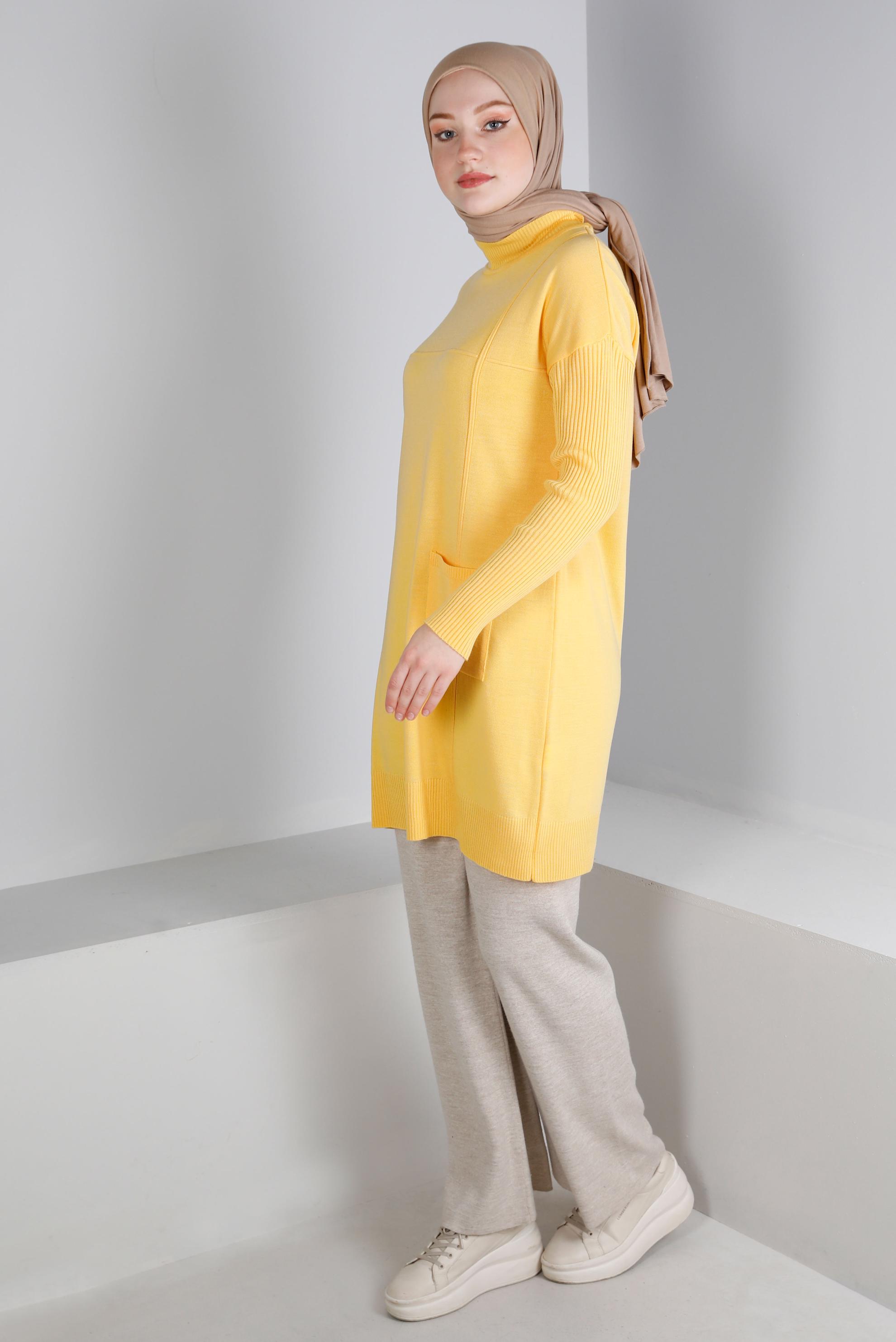 Tesettür giyim SARI KOLLARI FİTİLLİ CEPLİ TRİKO TUNİK 43108