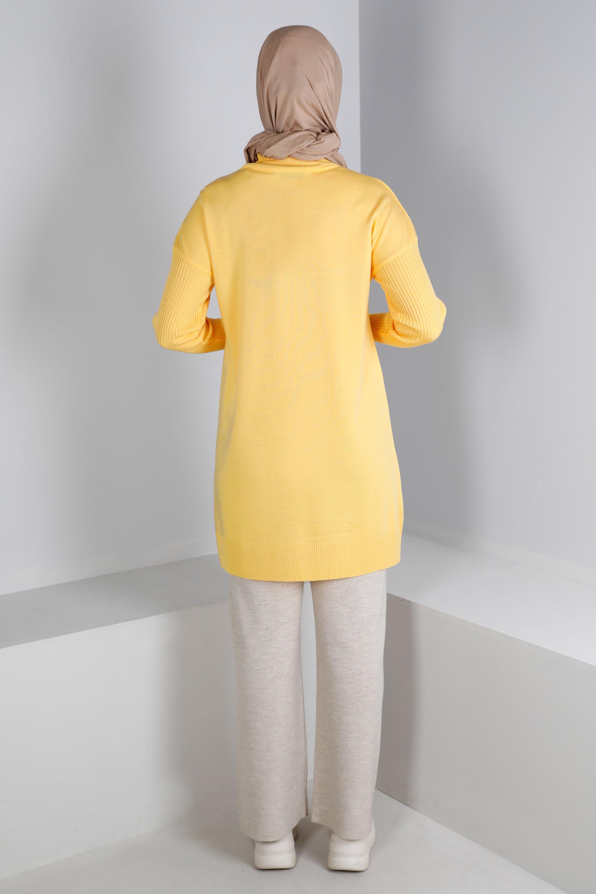 Tesettür giyim SARI KOLLARI FİTİLLİ CEPLİ TRİKO TUNİK 43108