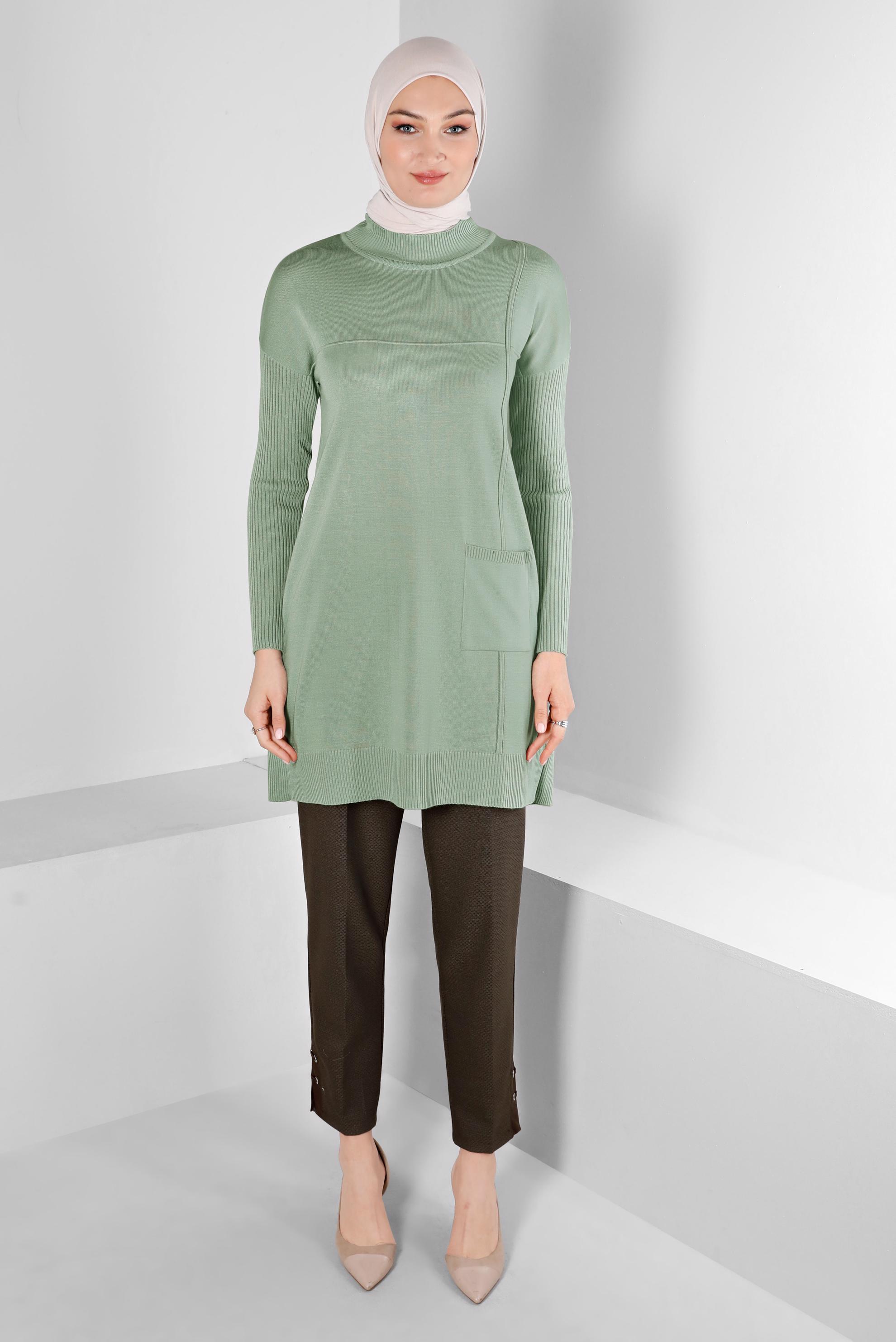 Tesettür giyim YEŞİL KOLLARI FİTİLLİ CEPLİ TRİKO TUNİK 43108