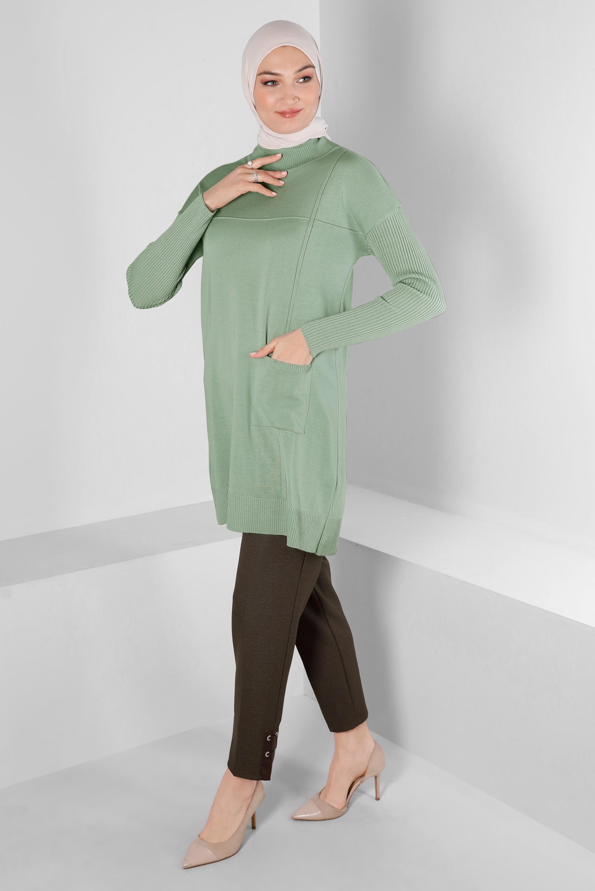 Tesettür giyim YEŞİL KOLLARI FİTİLLİ CEPLİ TRİKO TUNİK 43108