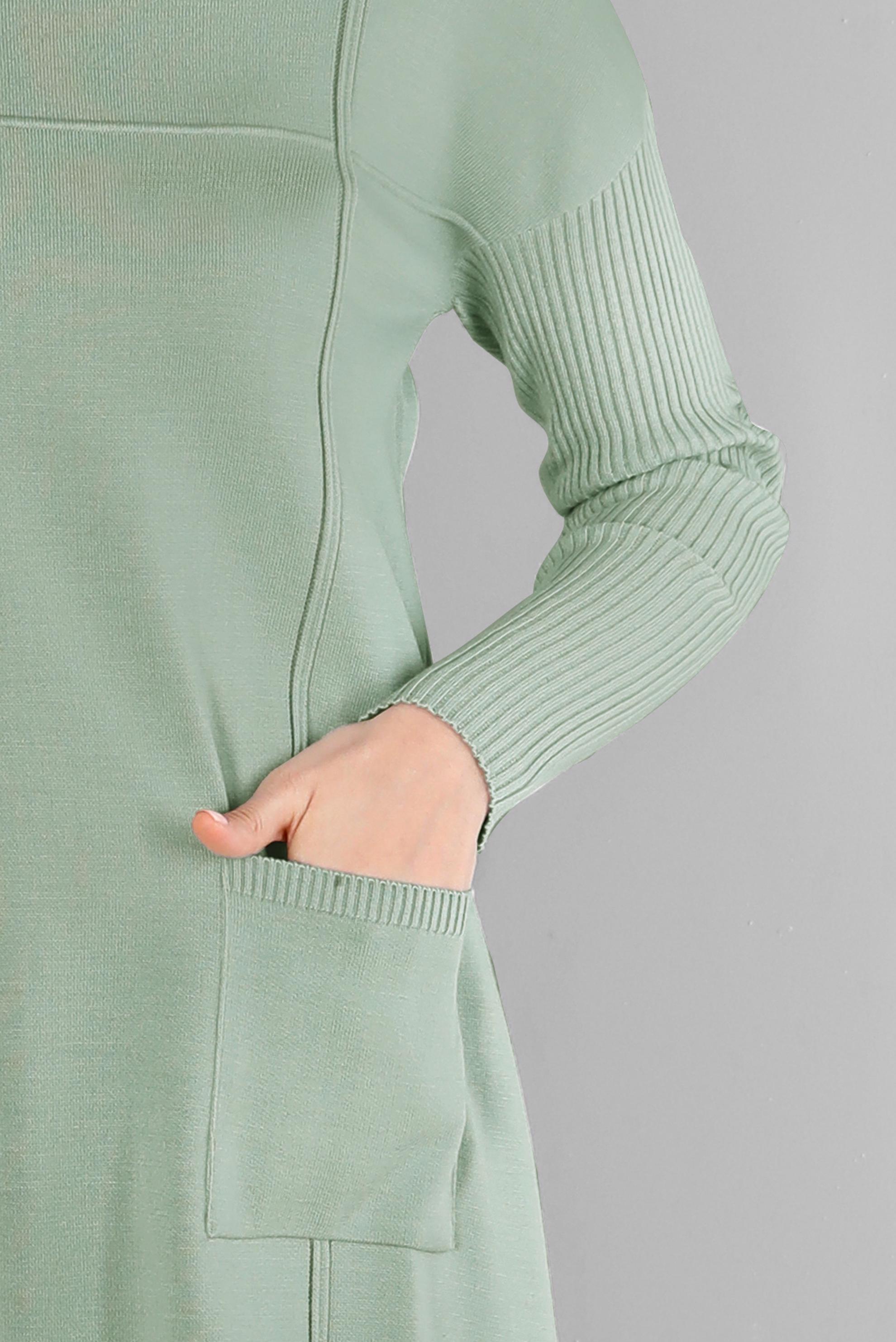 Tesettür giyim YEŞİL KOLLARI FİTİLLİ CEPLİ TRİKO TUNİK 43108