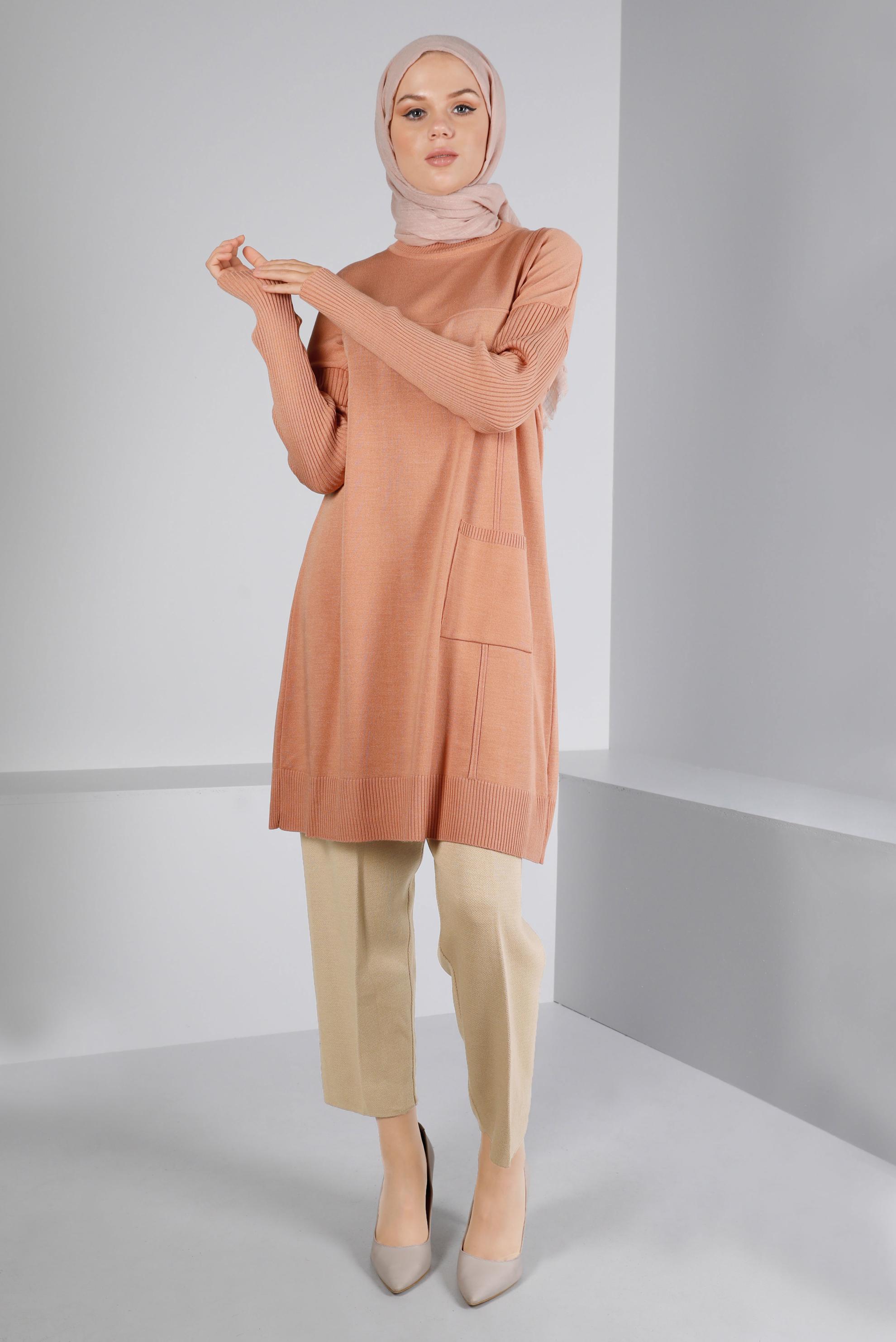 Tesettür giyim PUDRA KOLLARI FİTİLLİ CEPLİ TRİKO TUNİK 43108