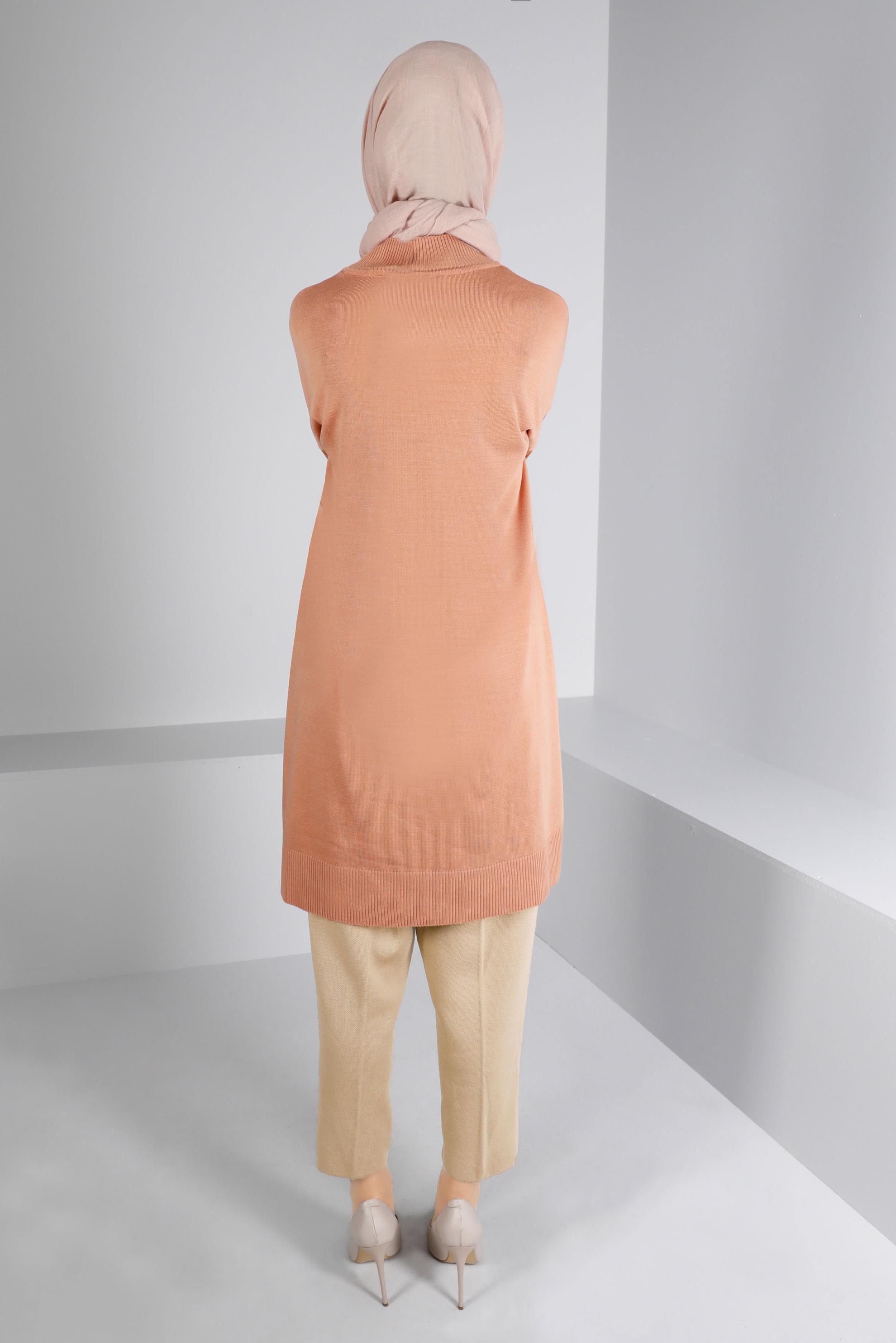 Tesettür giyim PUDRA KOLLARI FİTİLLİ CEPLİ TRİKO TUNİK 43108