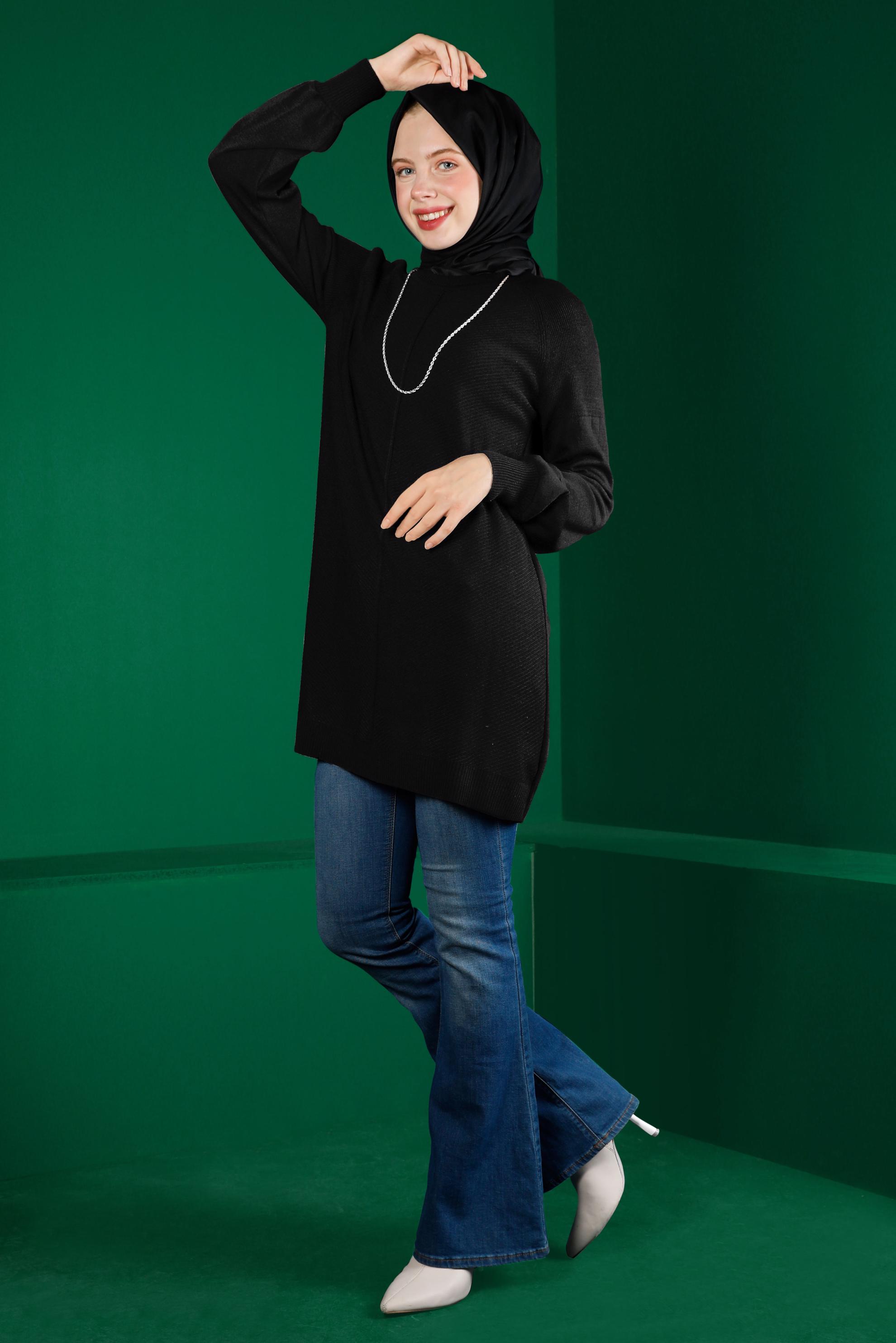 Tesettür giyim SİYAH KENDİNDEN DESENLİ TRİKO TUNİK 43109	