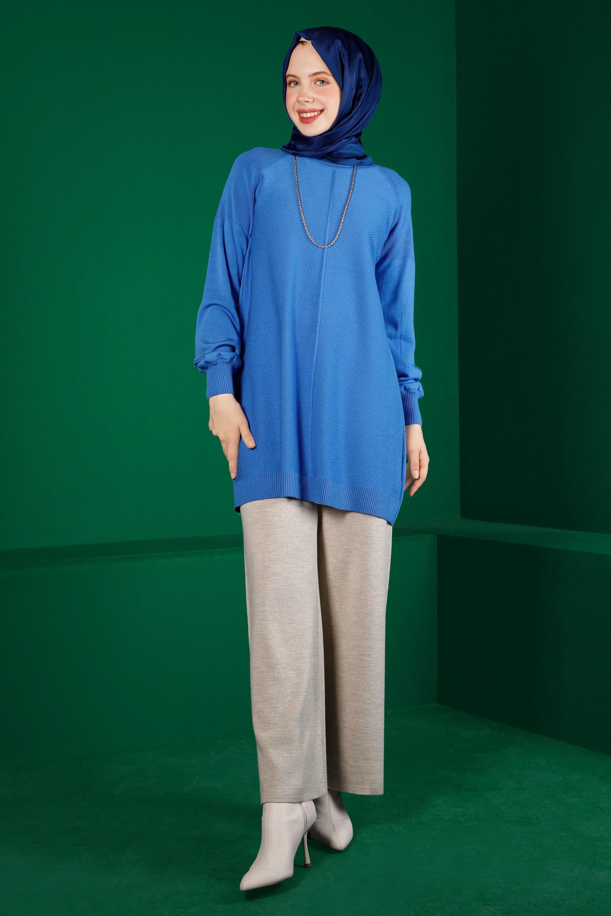 Tesettür giyim MAVİ KENDİNDEN DESENLİ TRİKO TUNİK 43109	