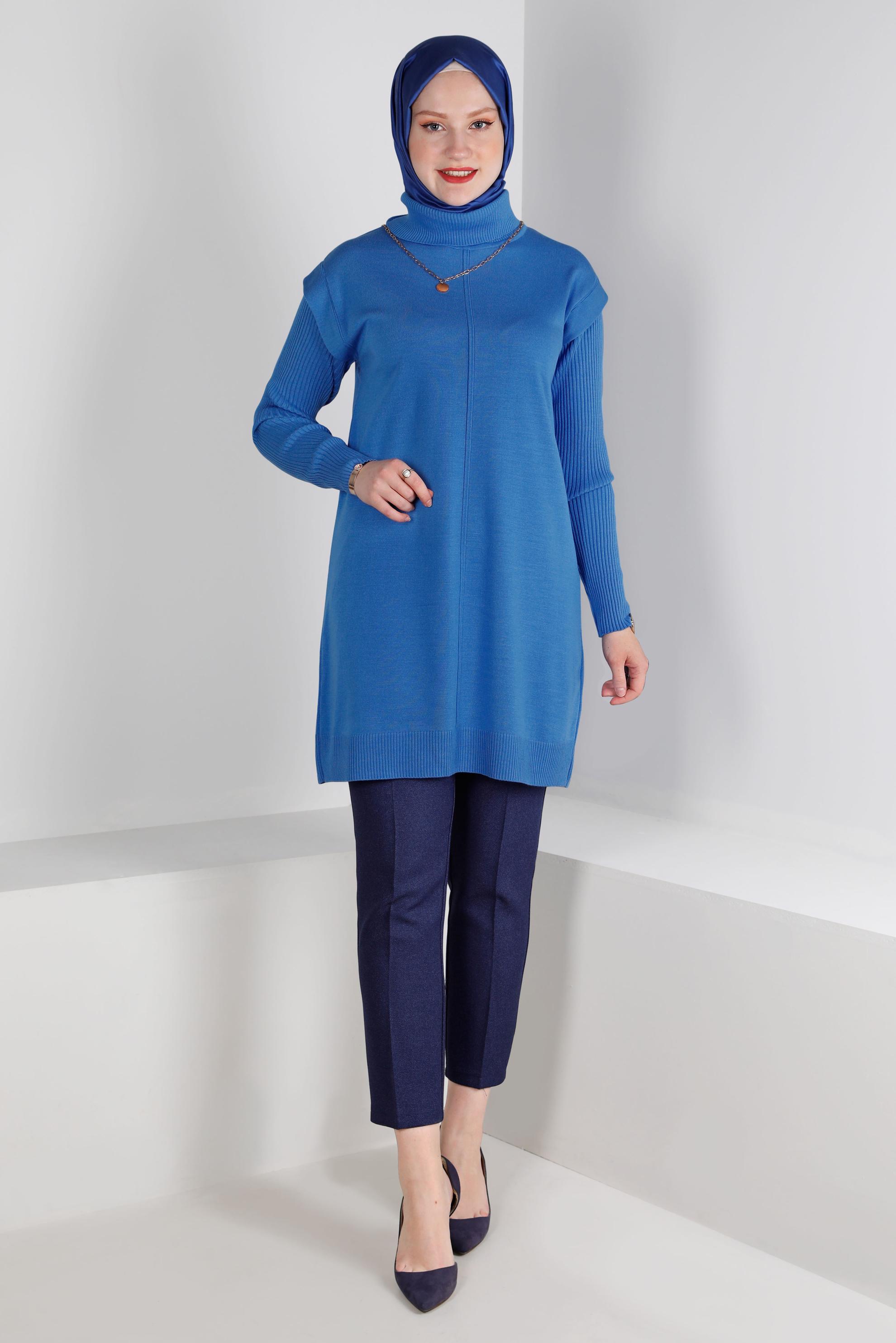 Tesettür giyim MAVİ BOĞAZLI TRİKO TUNİK 43110