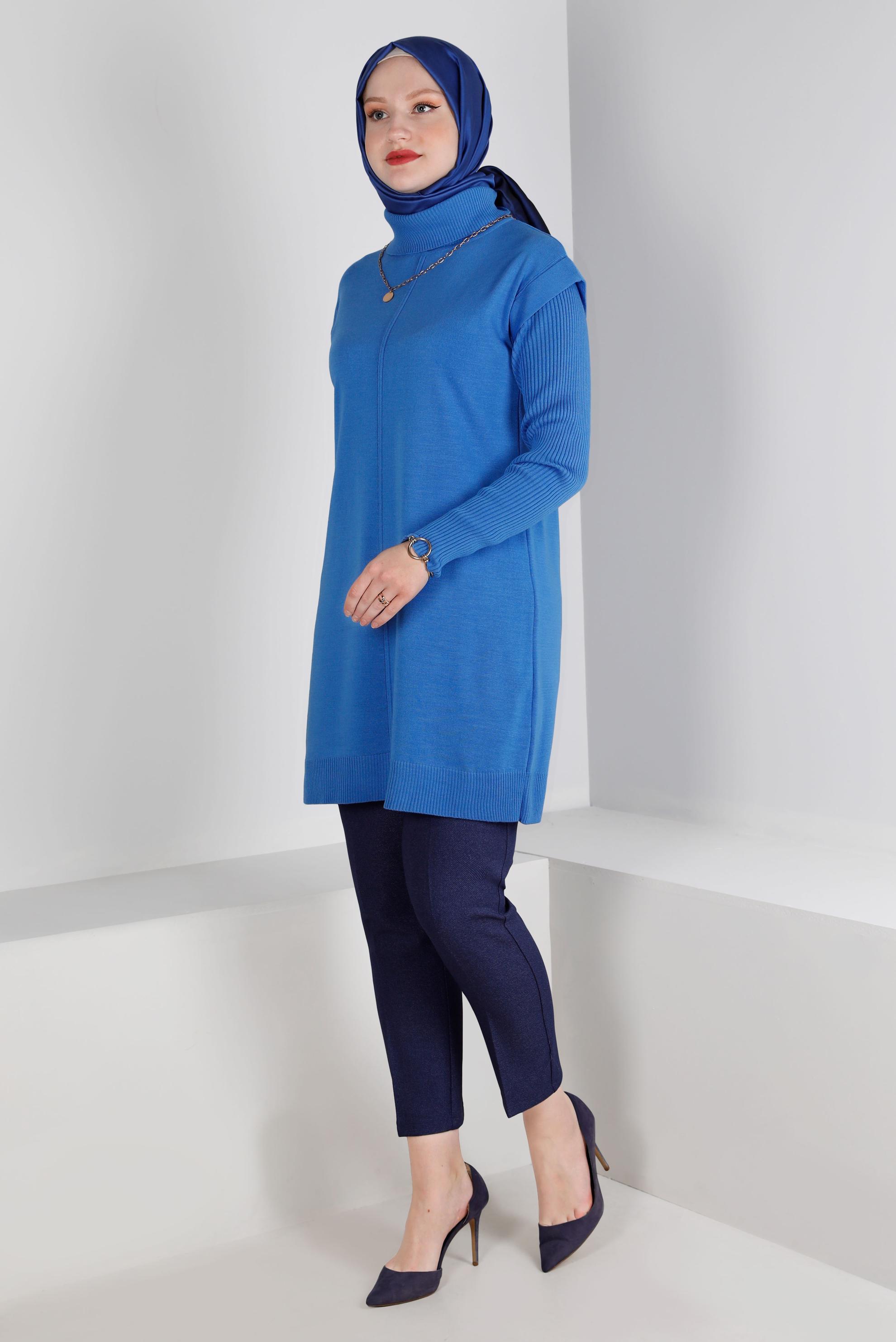 Tesettür giyim MAVİ BOĞAZLI TRİKO TUNİK 43110