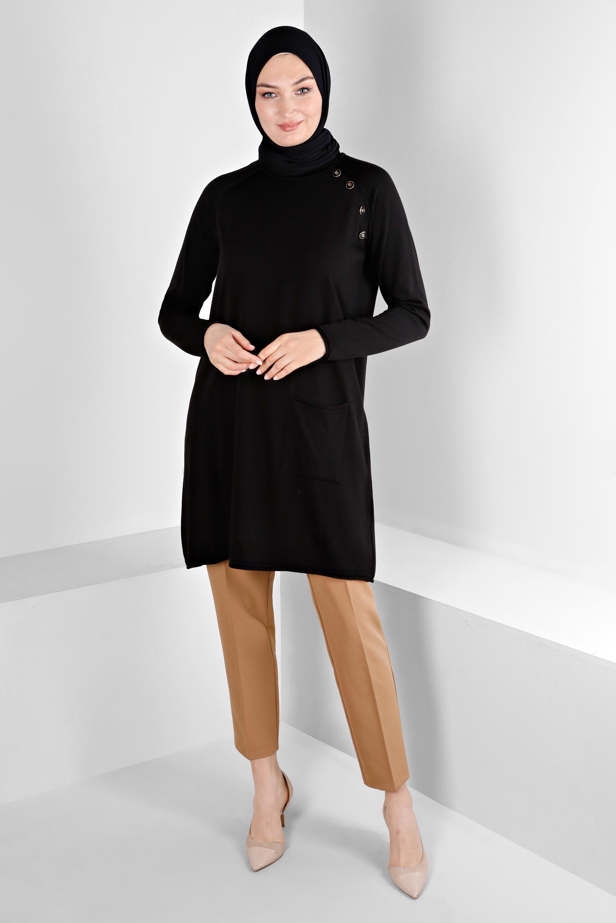 Tesettür giyim SİYAH CEPLİ DÜĞMELİ TRİKO TUNİK 43111