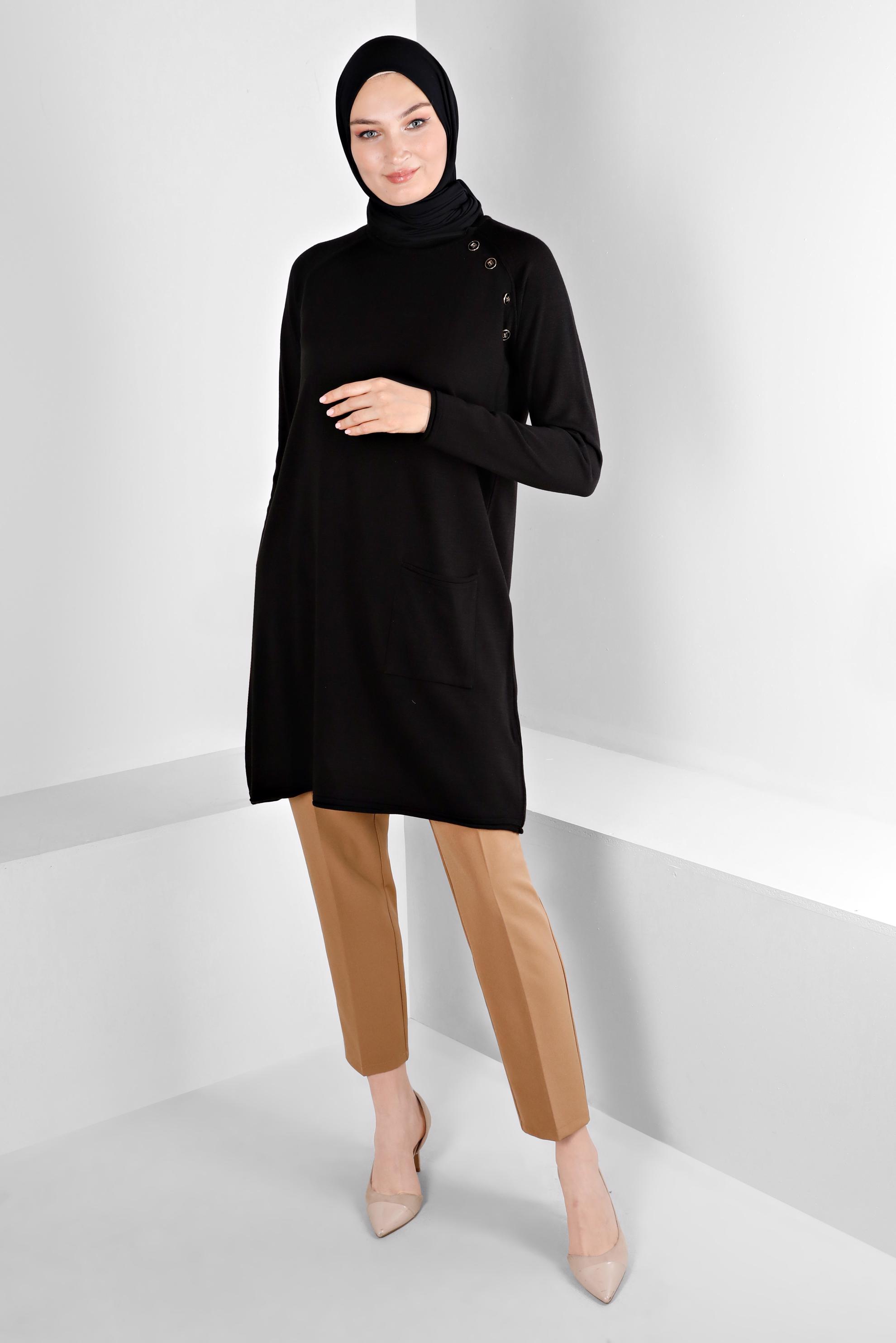 Tesettür giyim SİYAH CEPLİ DÜĞMELİ TRİKO TUNİK 43111