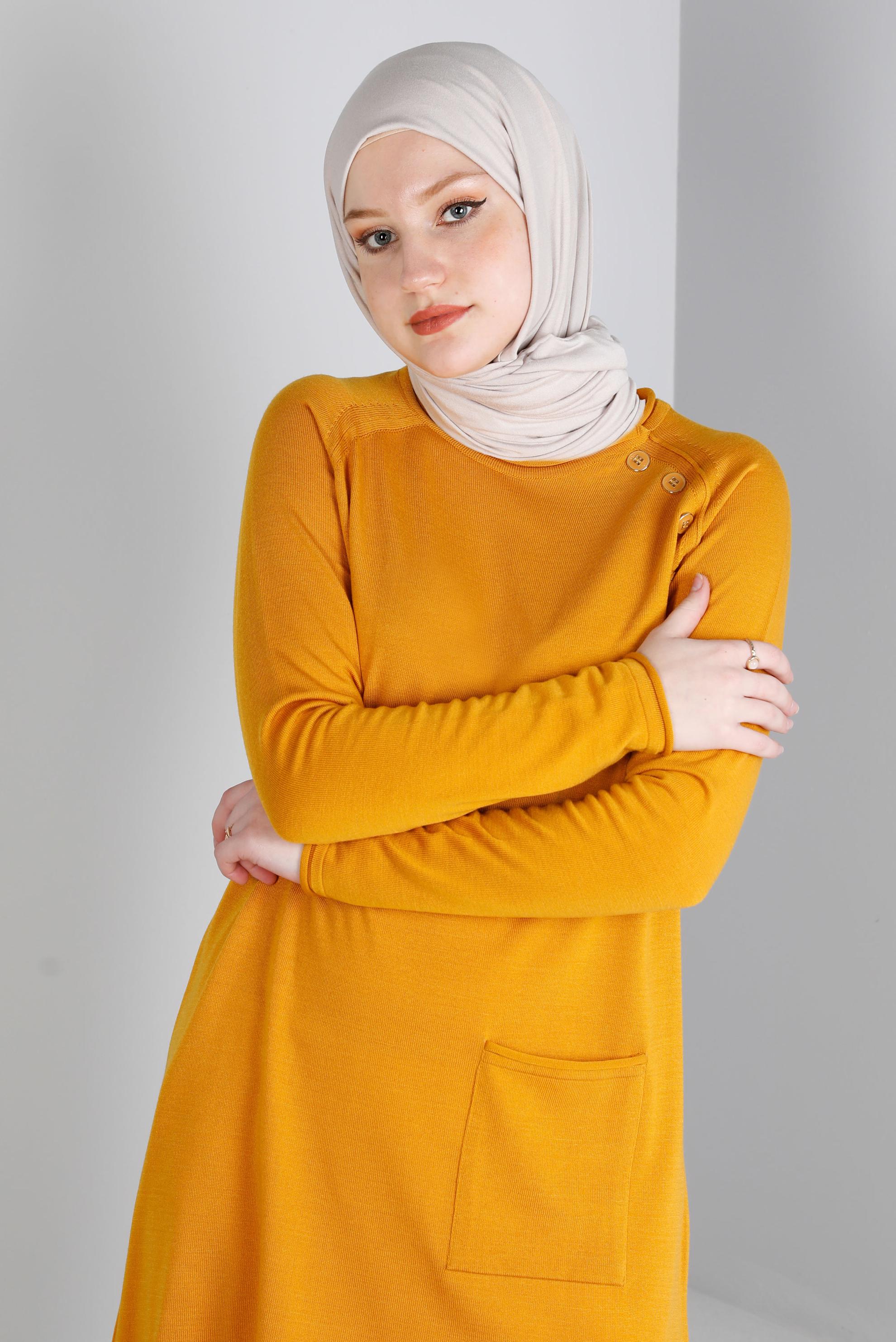 Tesettür giyim SARI CEPLİ DÜĞMELİ TRİKO TUNİK 43111