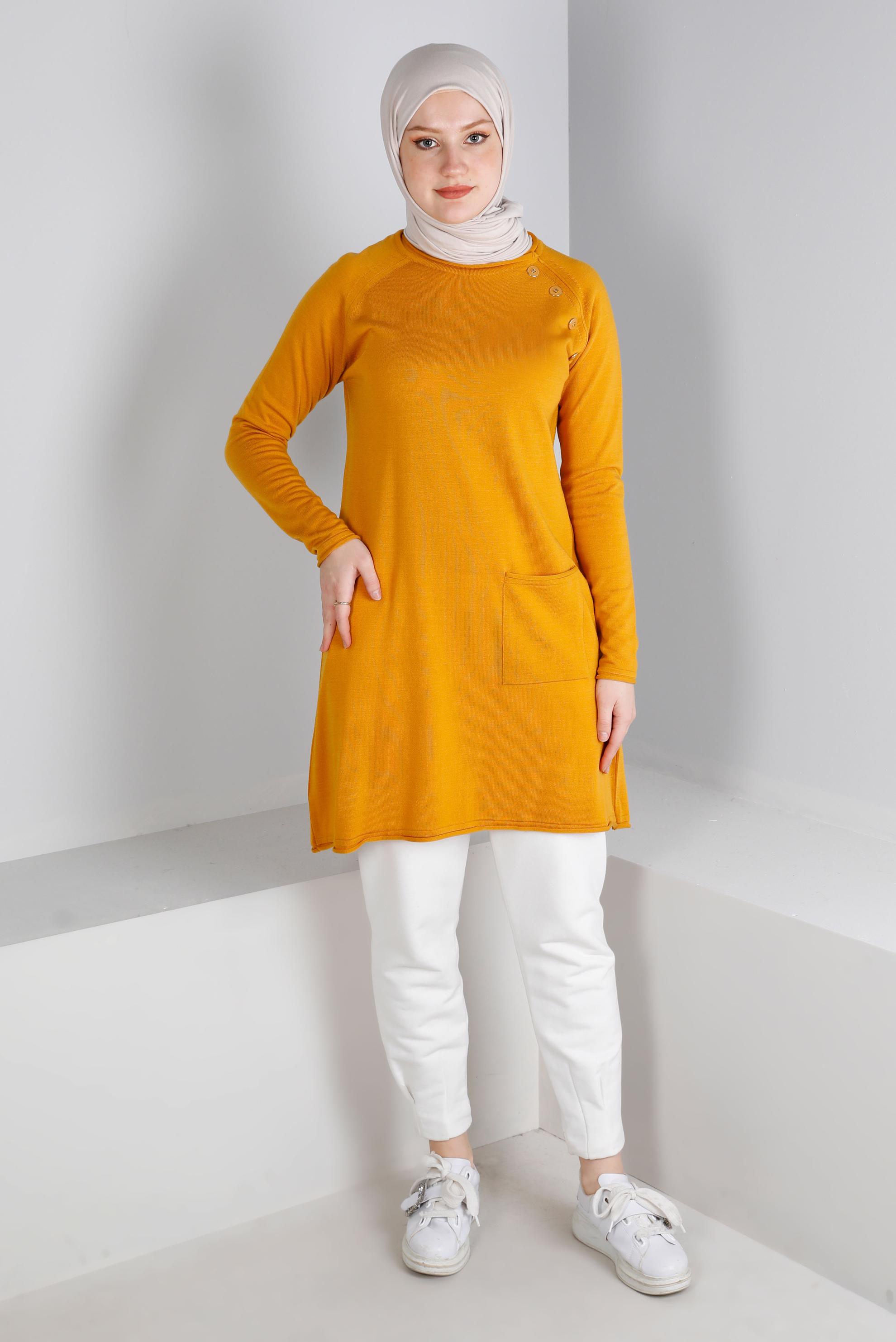 Tesettür giyim SARI CEPLİ DÜĞMELİ TRİKO TUNİK 43111
