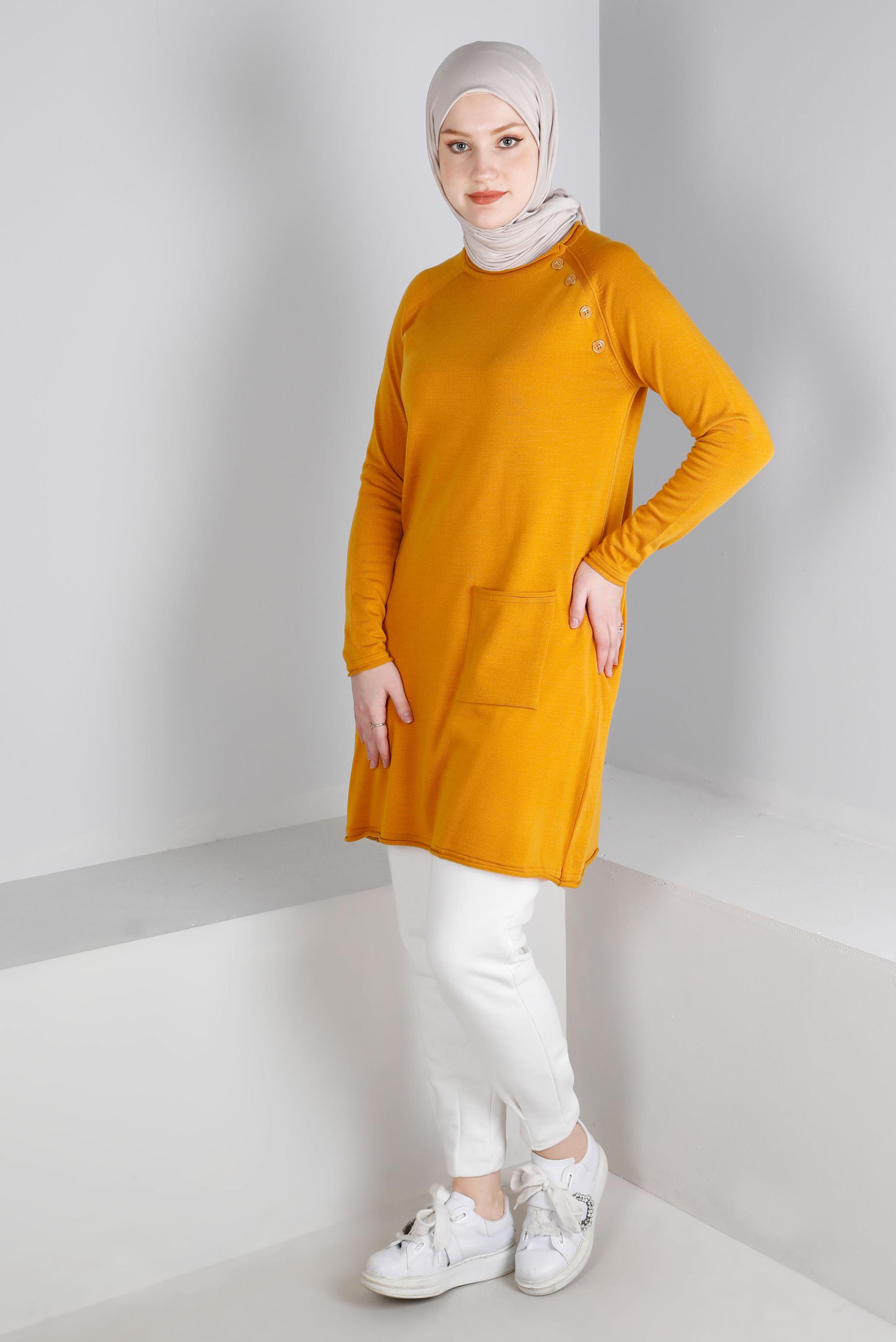 Tesettür giyim SARI CEPLİ DÜĞMELİ TRİKO TUNİK 43111
