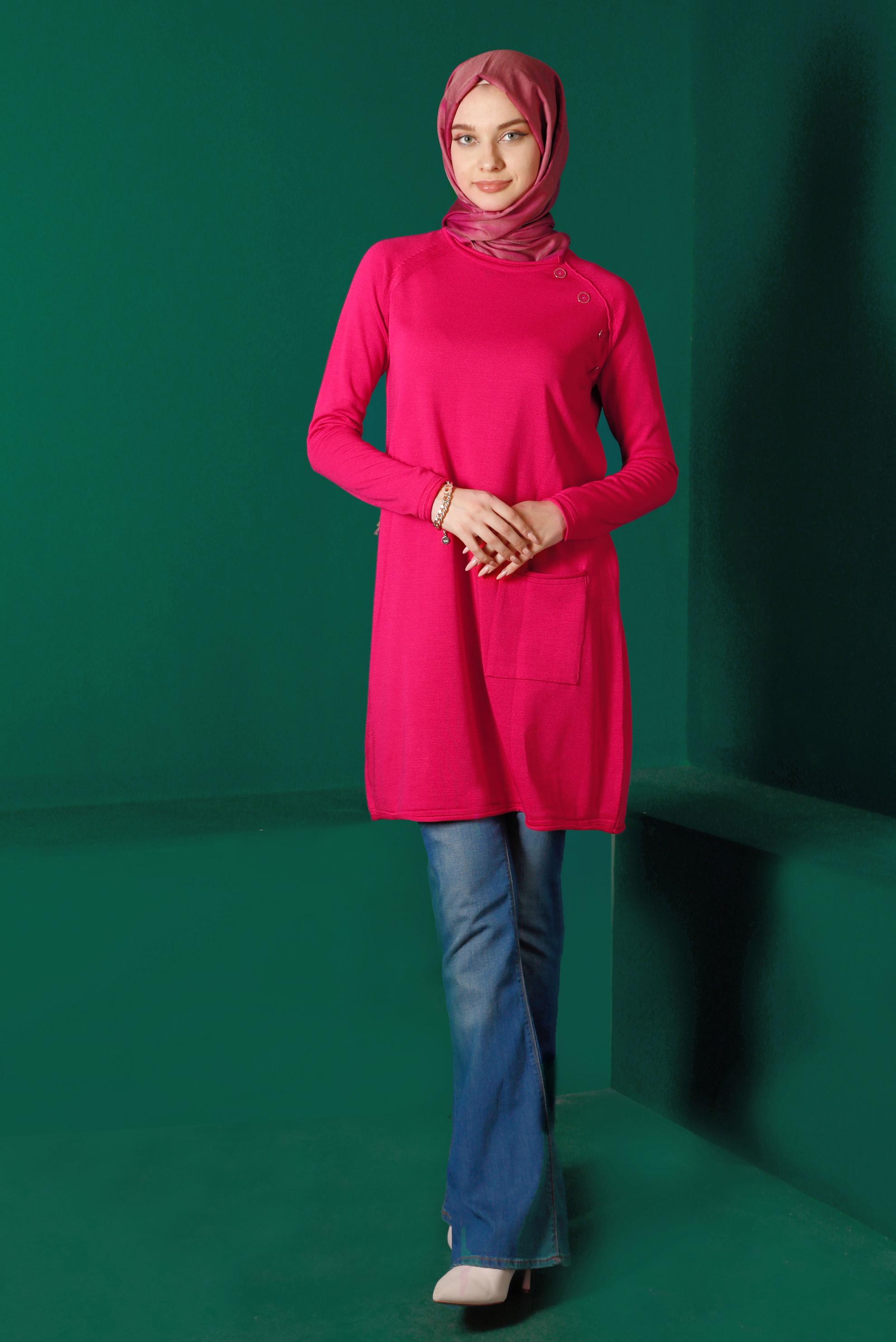Tesettür giyim FUŞYA CEPLİ DÜĞMELİ TRİKO TUNİK 43111