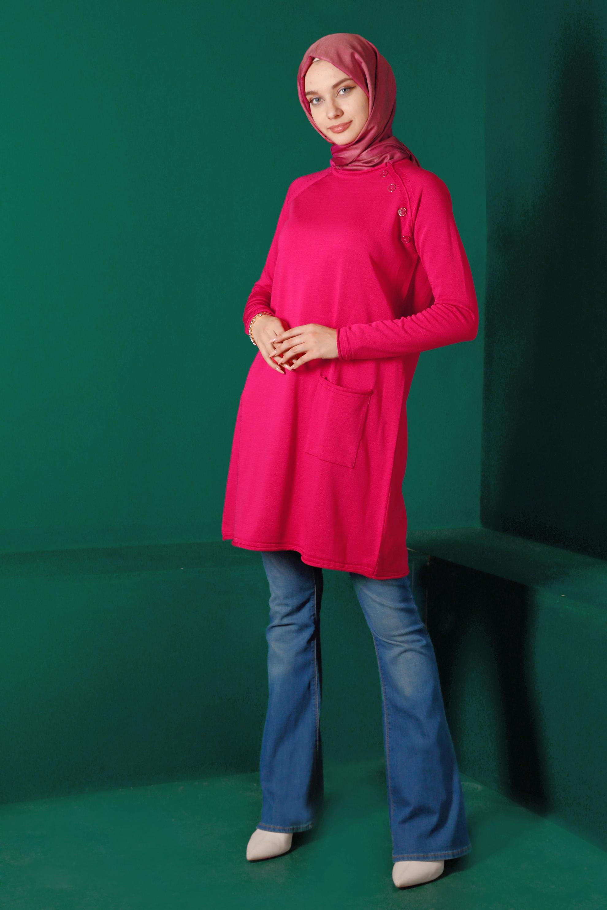 Tesettür giyim FUŞYA CEPLİ DÜĞMELİ TRİKO TUNİK 43111