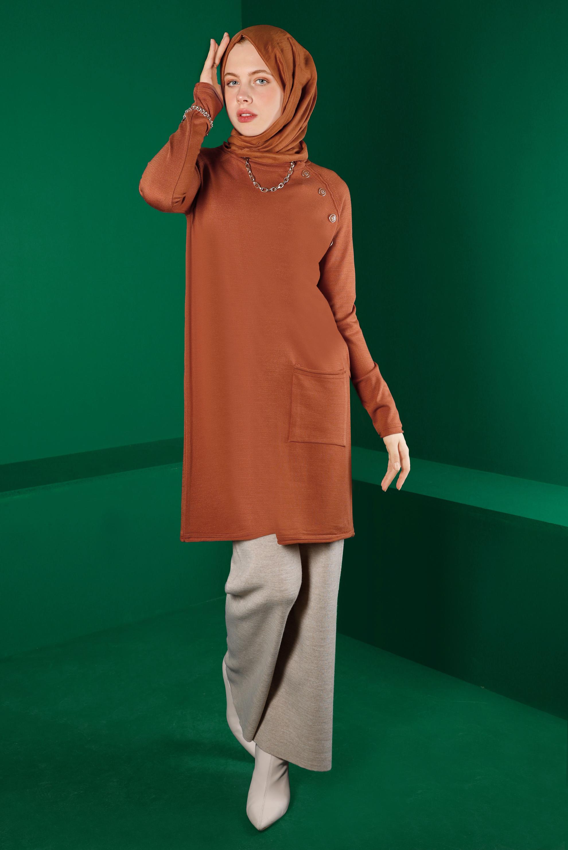 Tesettür giyim TURUNCU CEPLİ DÜĞMELİ TRİKO TUNİK 43111