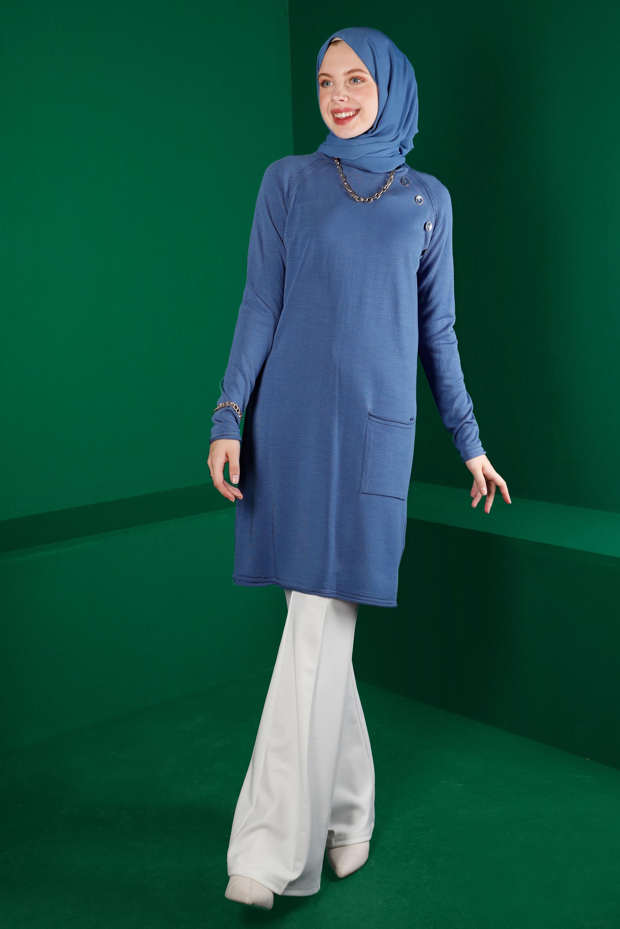 Tesettür giyim MAVİ CEPLİ DÜĞMELİ TRİKO TUNİK 43111