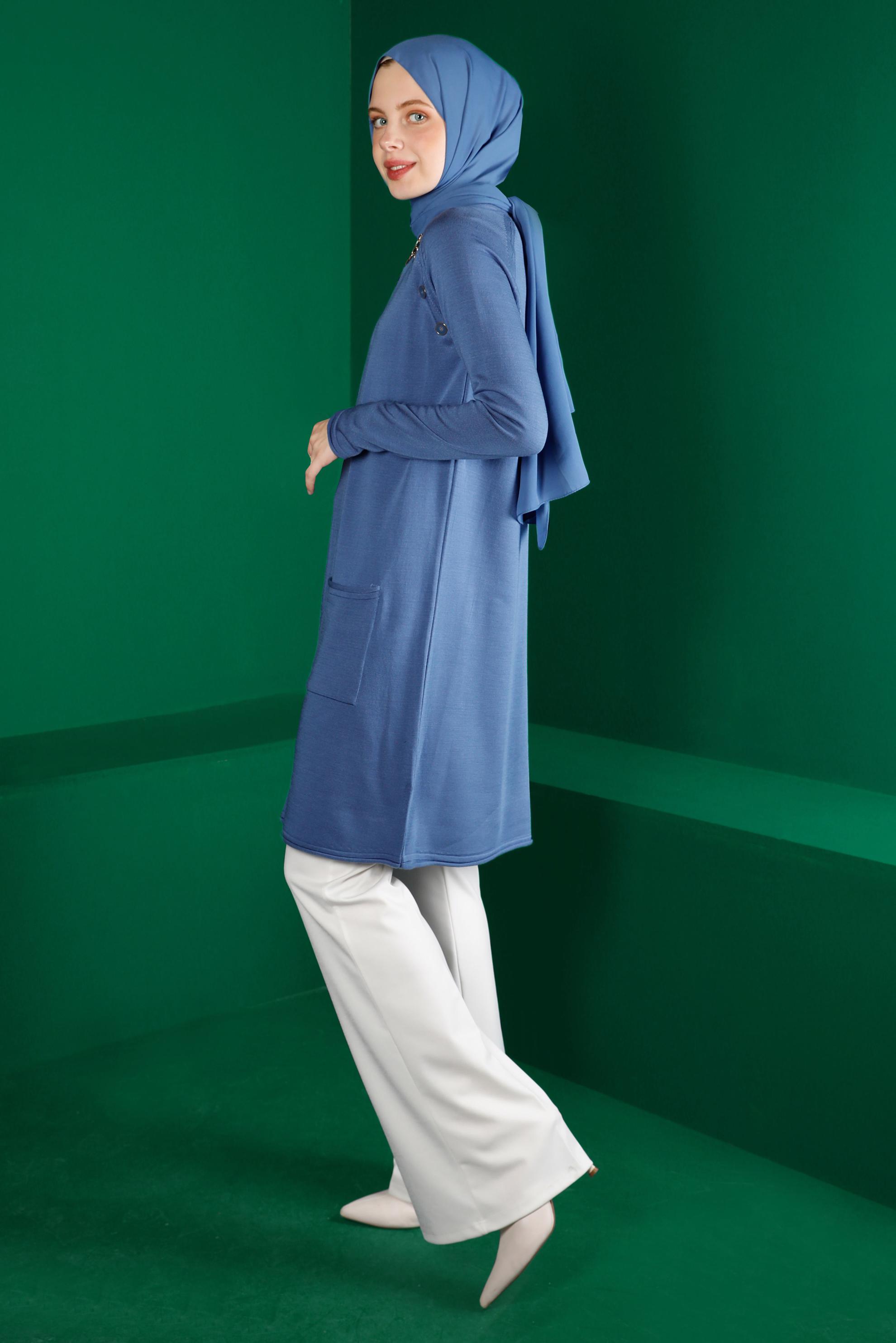 Tesettür giyim MAVİ CEPLİ DÜĞMELİ TRİKO TUNİK 43111